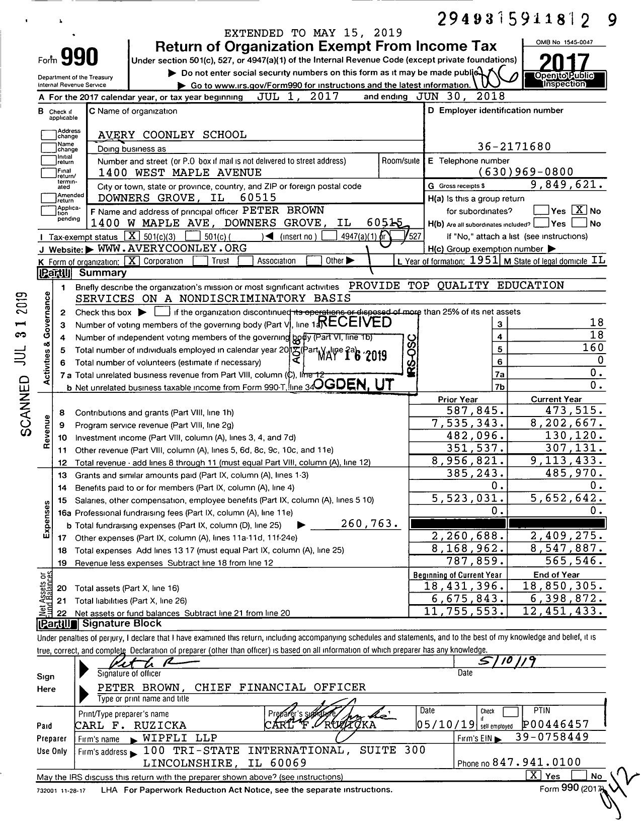 Image of first page of 2017 Form 990 for Avery Coonley School (ACS)