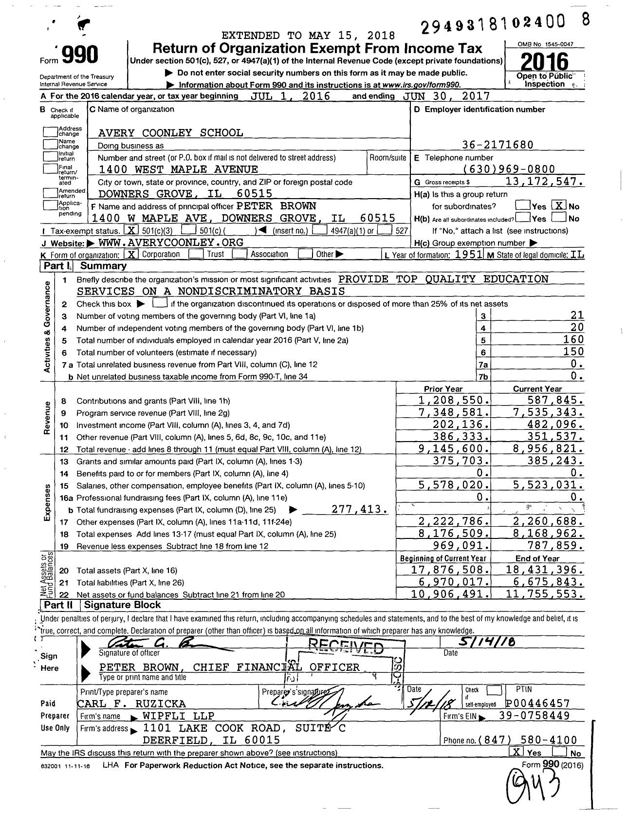 Image of first page of 2016 Form 990 for Avery Coonley School (ACS)