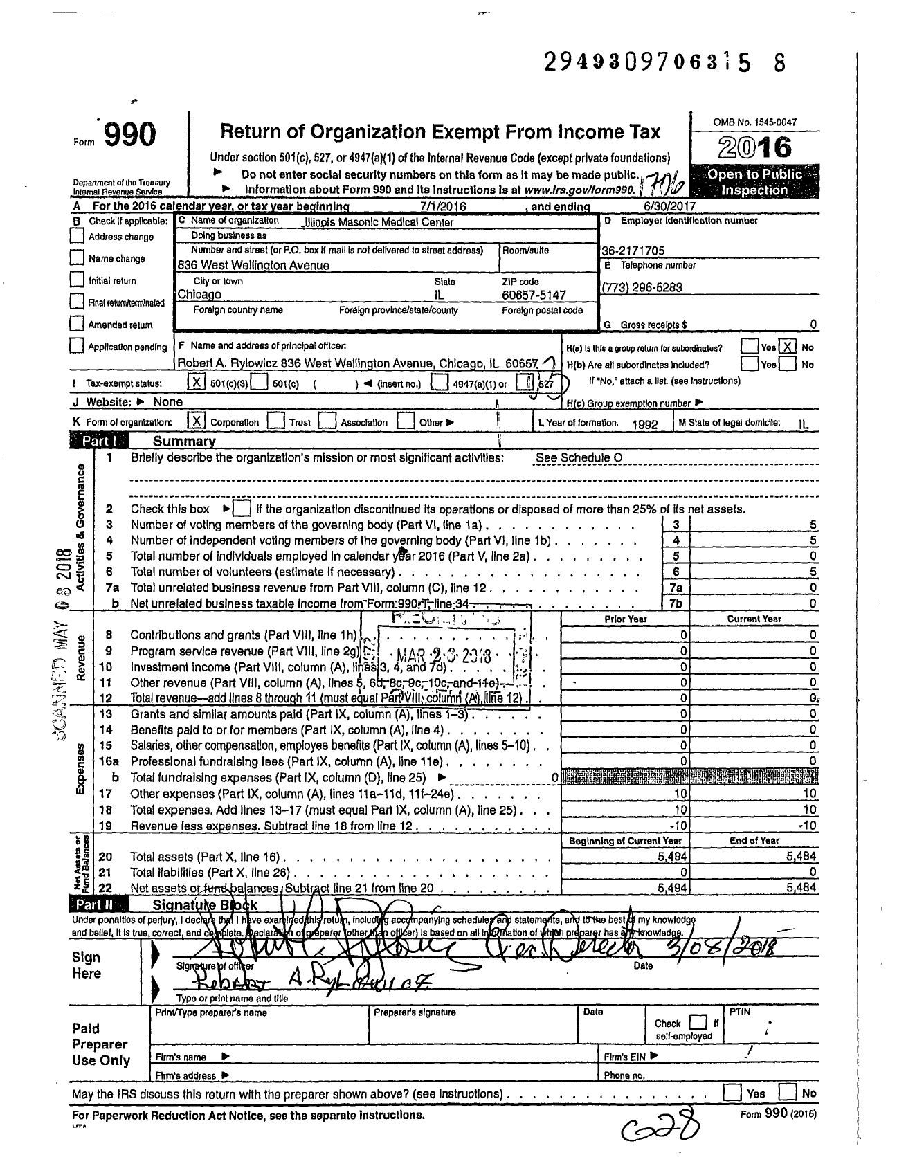 Image of first page of 2016 Form 990 for Illinois Masonic Medical Center