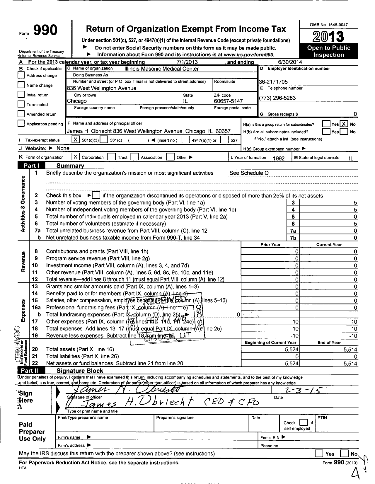 Image of first page of 2013 Form 990 for Illinois Masonic Medical Center