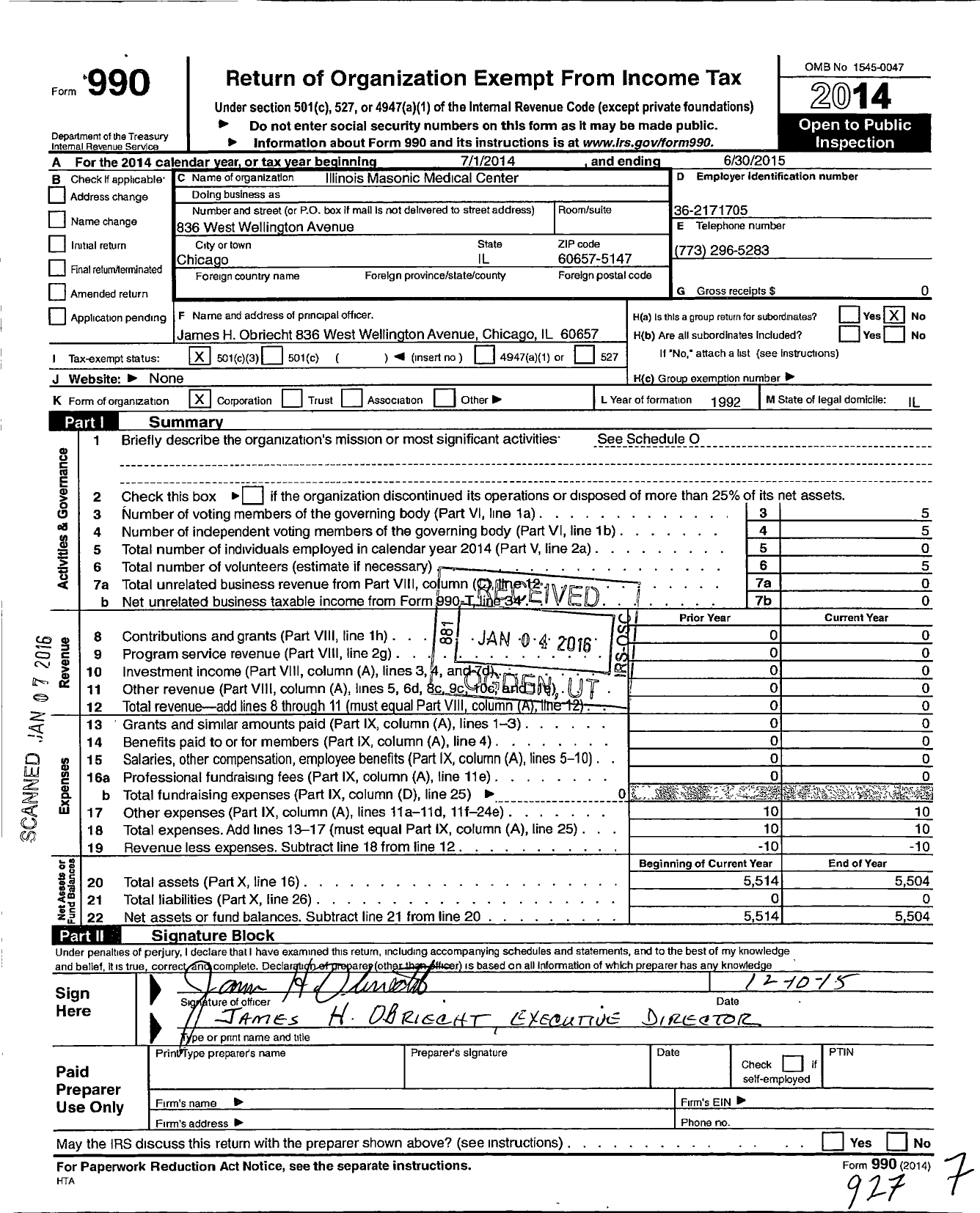 Image of first page of 2014 Form 990 for Illinois Masonic Medical Center