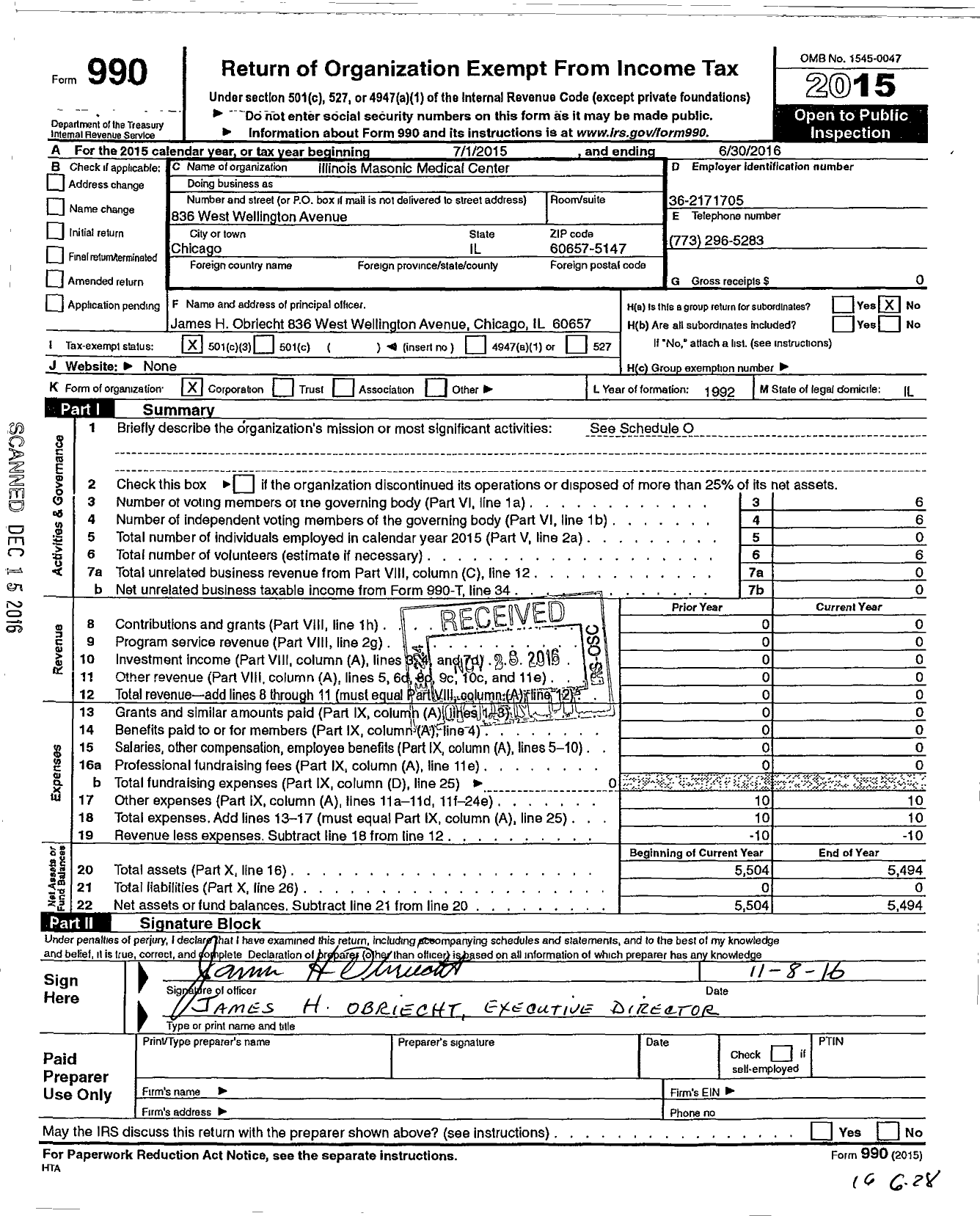 Image of first page of 2015 Form 990 for Illinois Masonic Medical Center