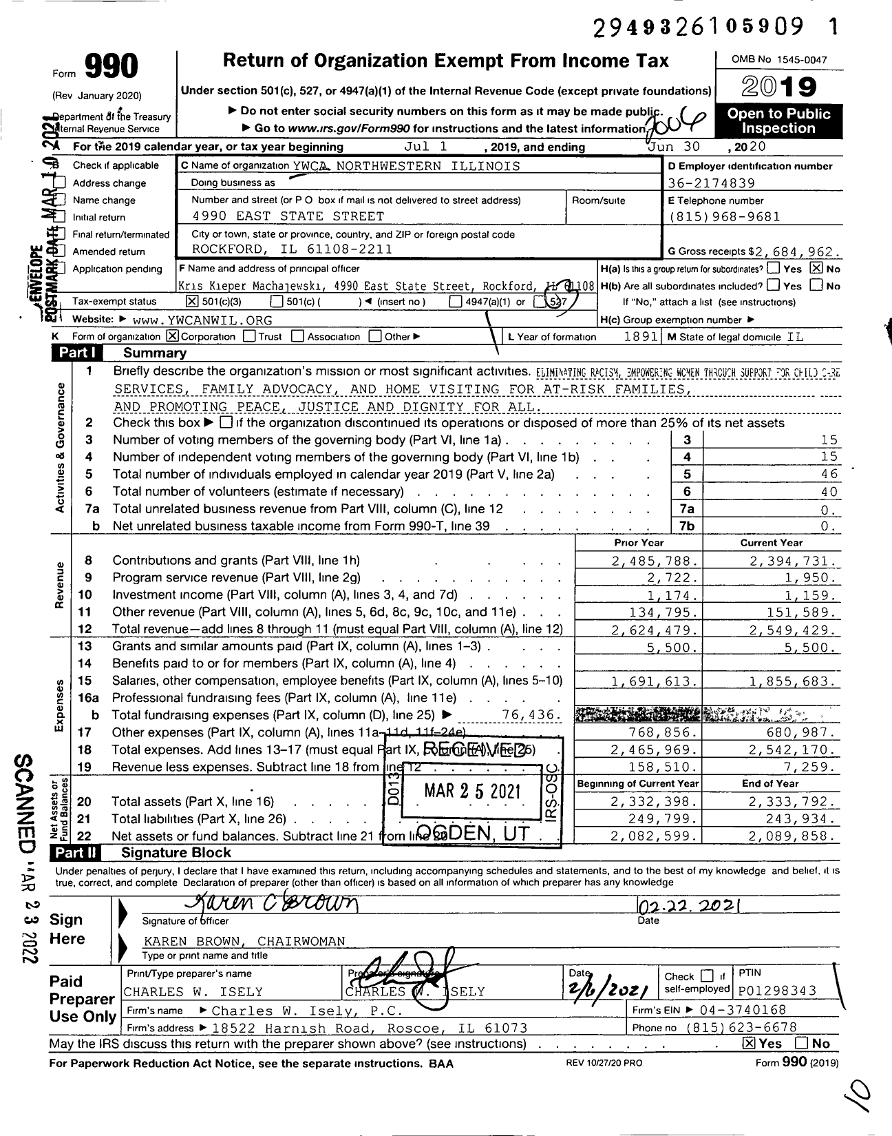 Image of first page of 2019 Form 990 for Ywca Northwestern Illinois