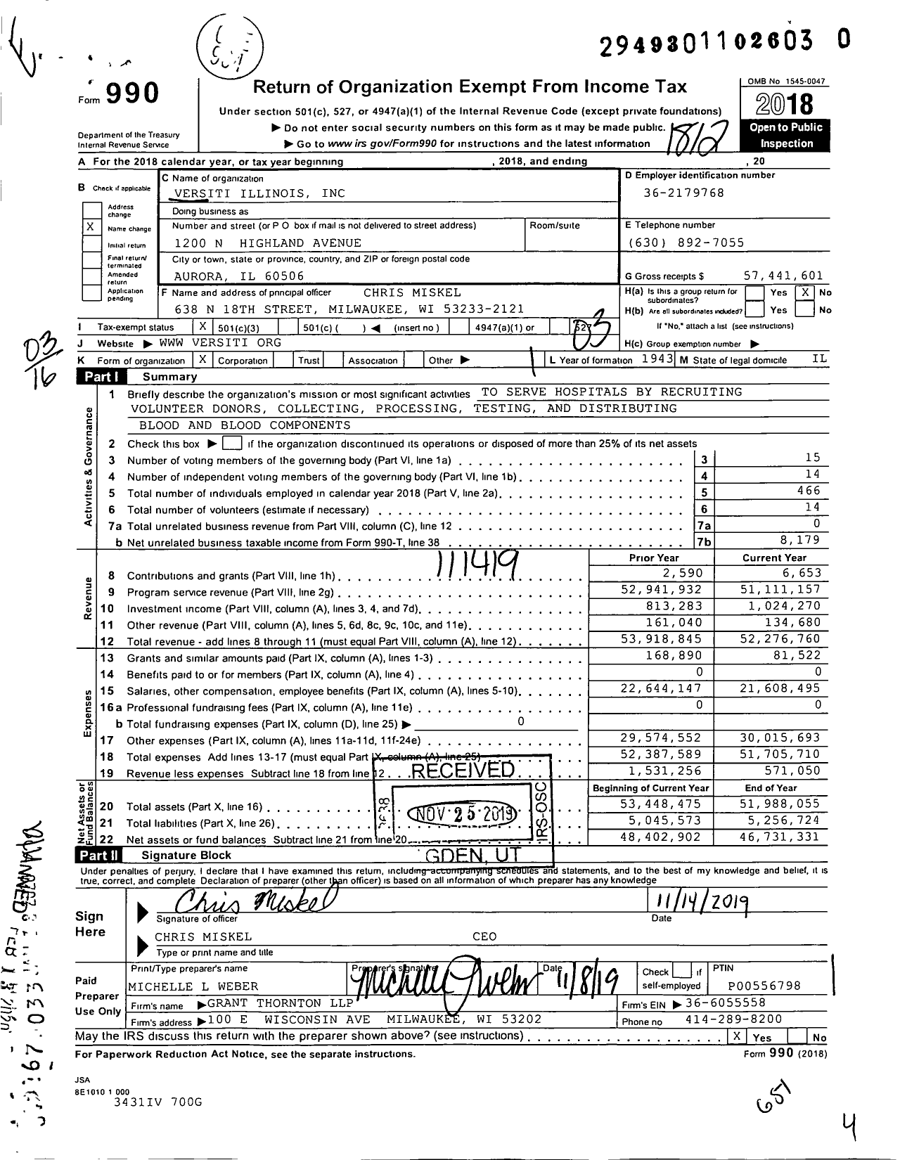 Image of first page of 2018 Form 990 for Versiti Illinois (HBC)