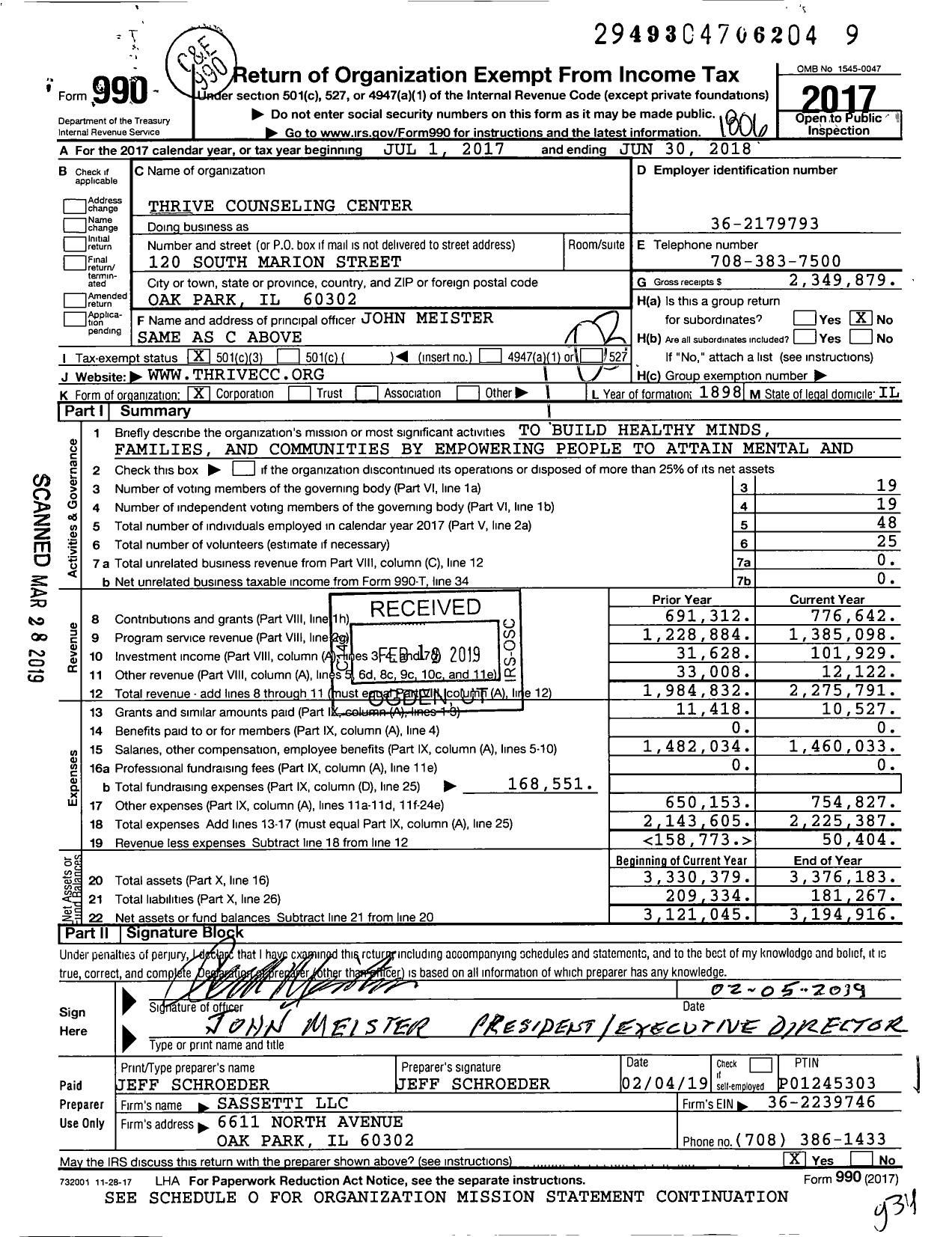 Image of first page of 2017 Form 990 for Thrive Counseling Center