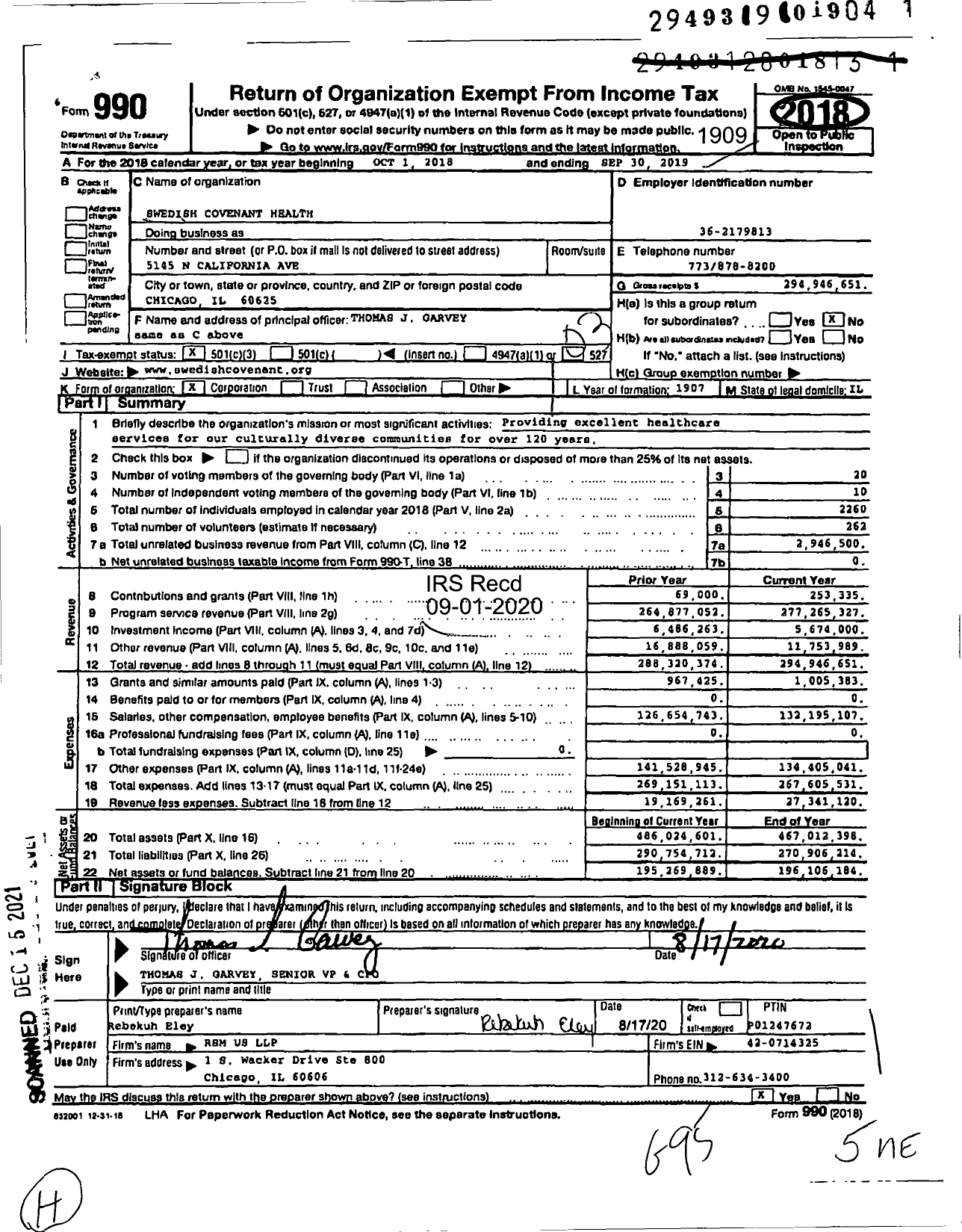 Image of first page of 2018 Form 990 for Swedish Covenant Health