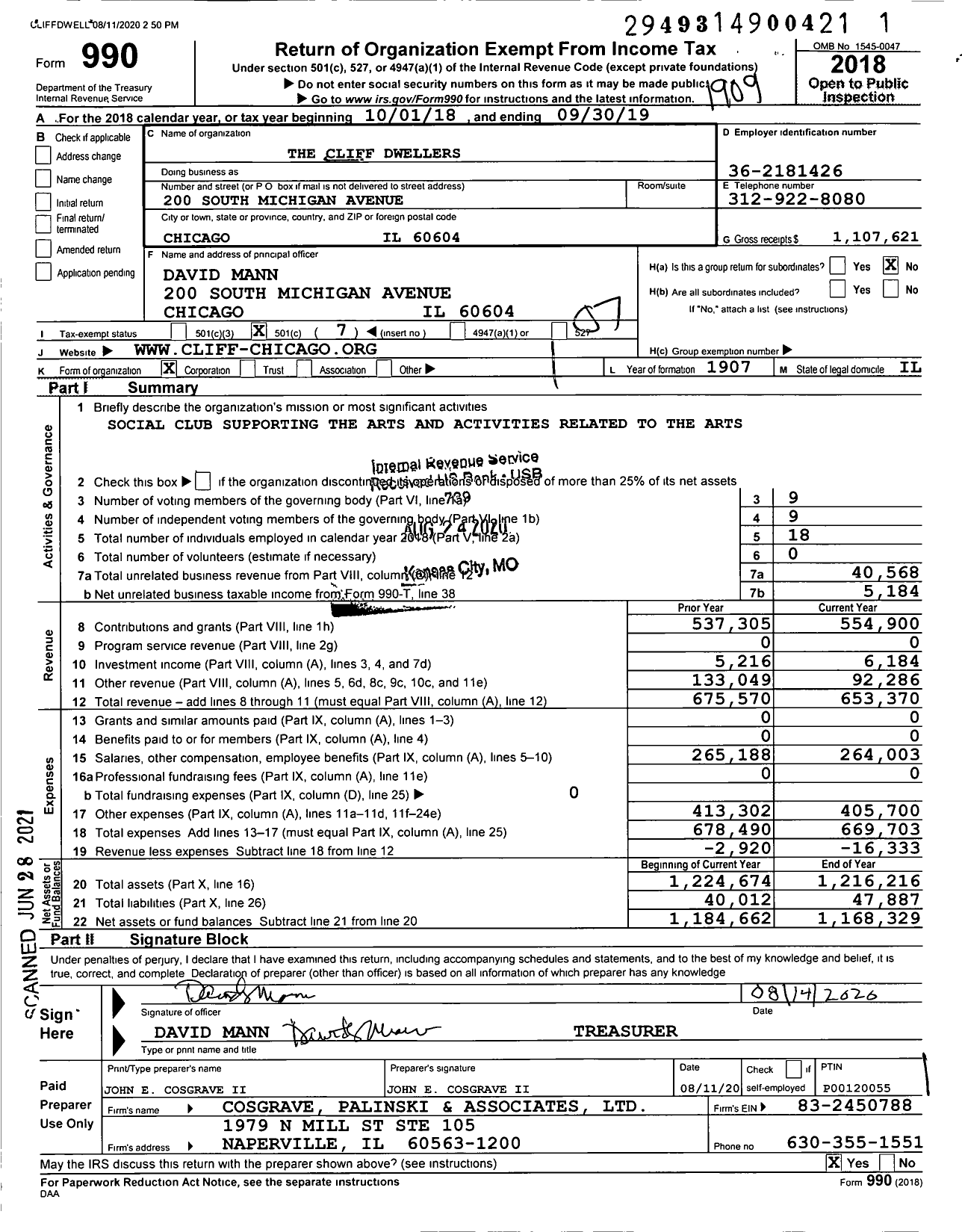 Image of first page of 2018 Form 990O for The Cliff Dwellers