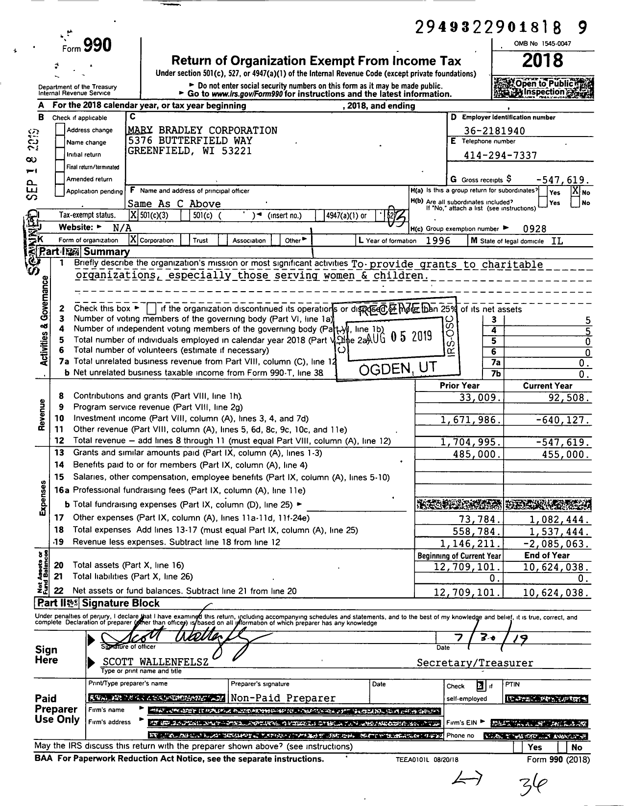 Image of first page of 2018 Form 990 for Mary Bradley Corporation