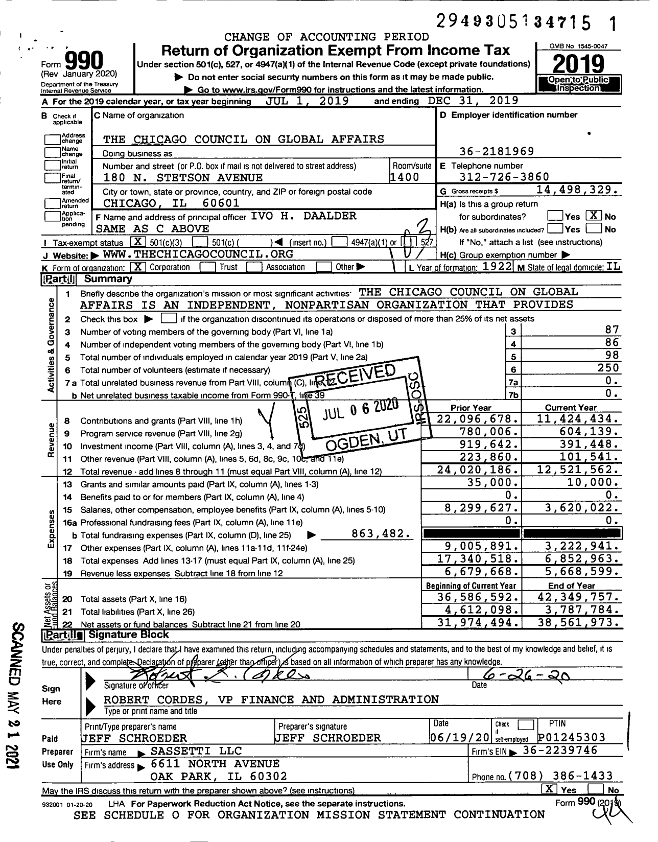 Image of first page of 2019 Form 990 for The Chicago Council on Global Affairs