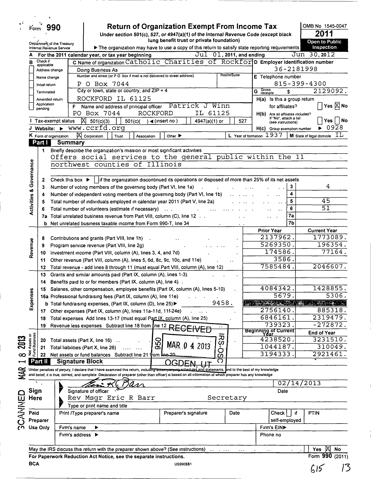 Image of first page of 2011 Form 990 for Catholic Charities of Rockford