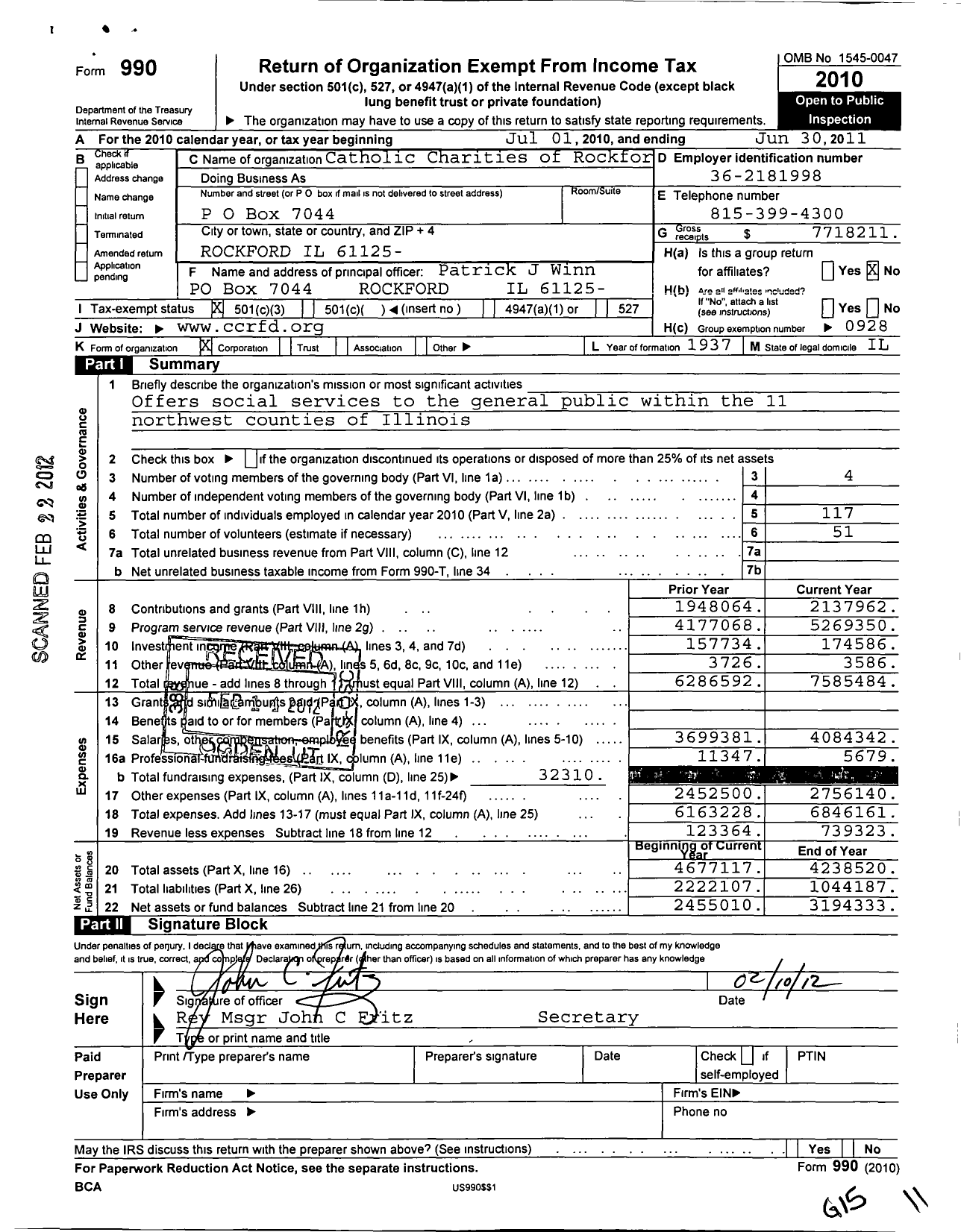 Image of first page of 2010 Form 990 for Catholic Charities of Rockford