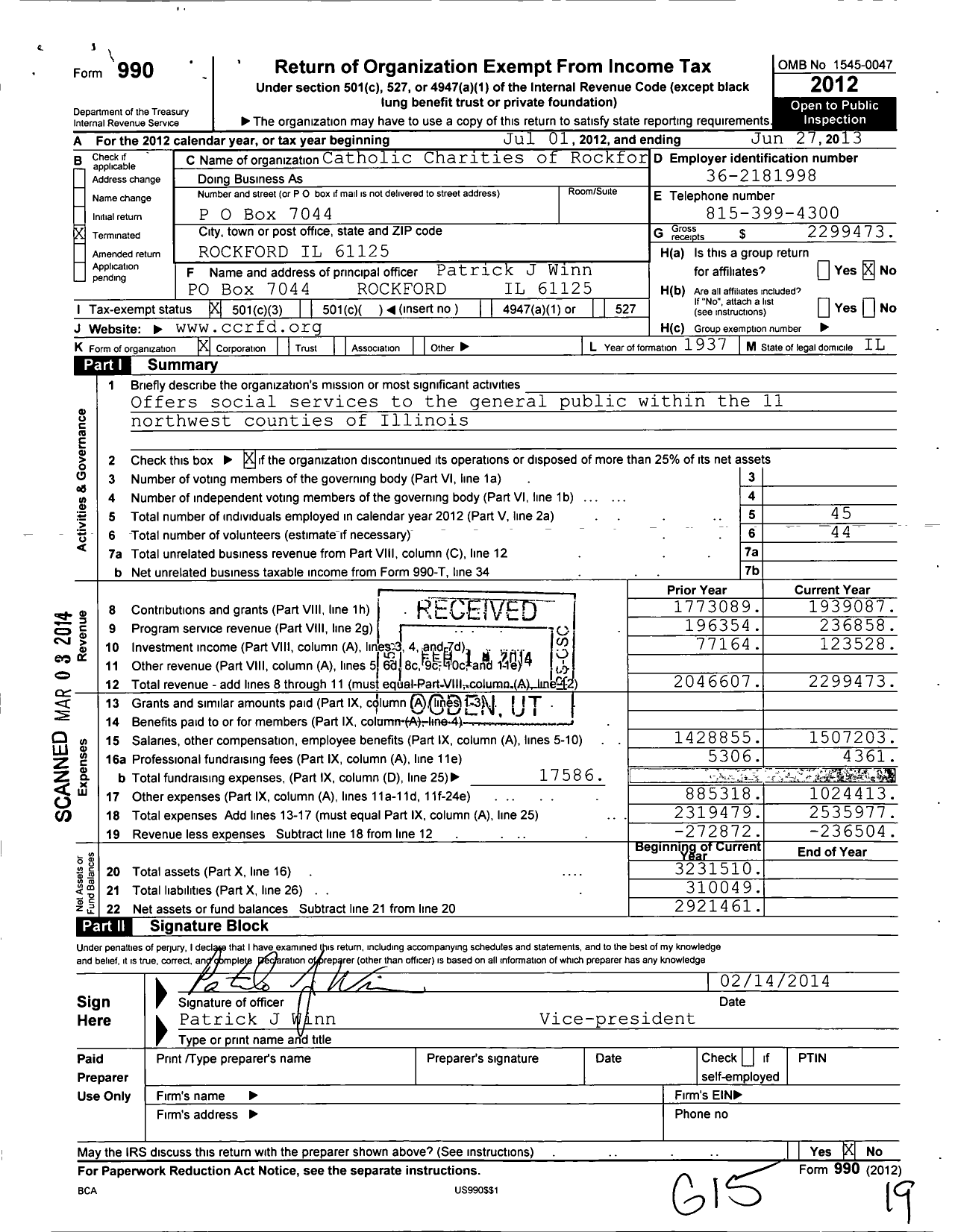 Image of first page of 2012 Form 990 for Catholic Charities of Rockford