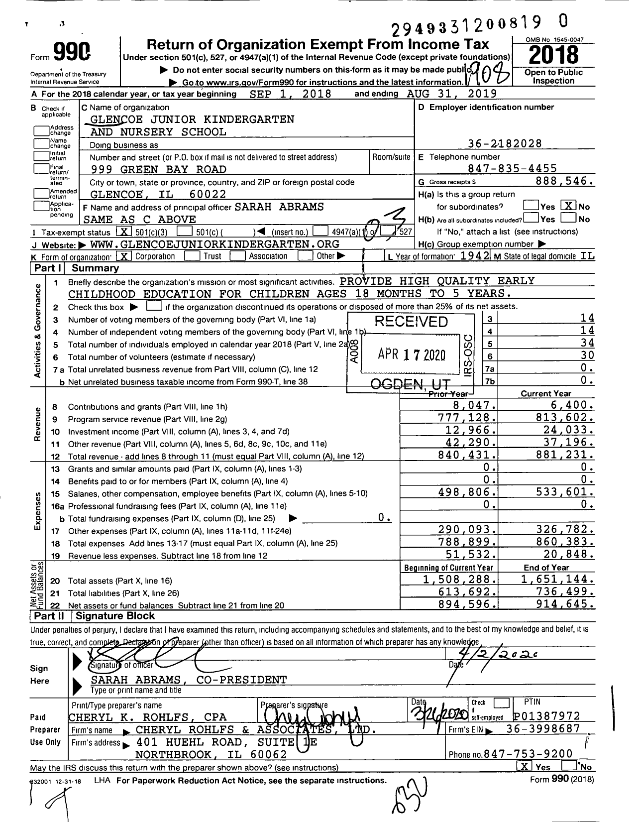 Image of first page of 2018 Form 990 for Glencoe Junior Kindergarten (GJK)