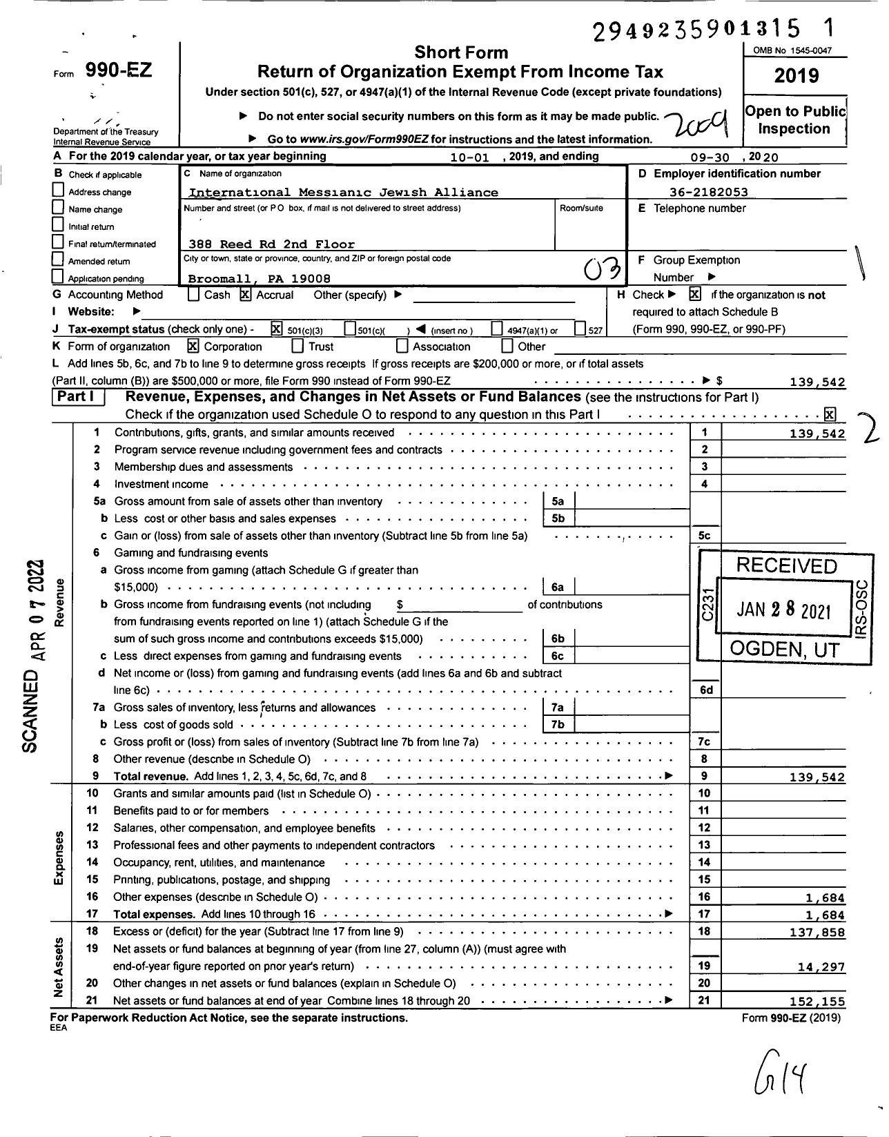 Image of first page of 2019 Form 990EZ for International Messianic Jewish Alliance