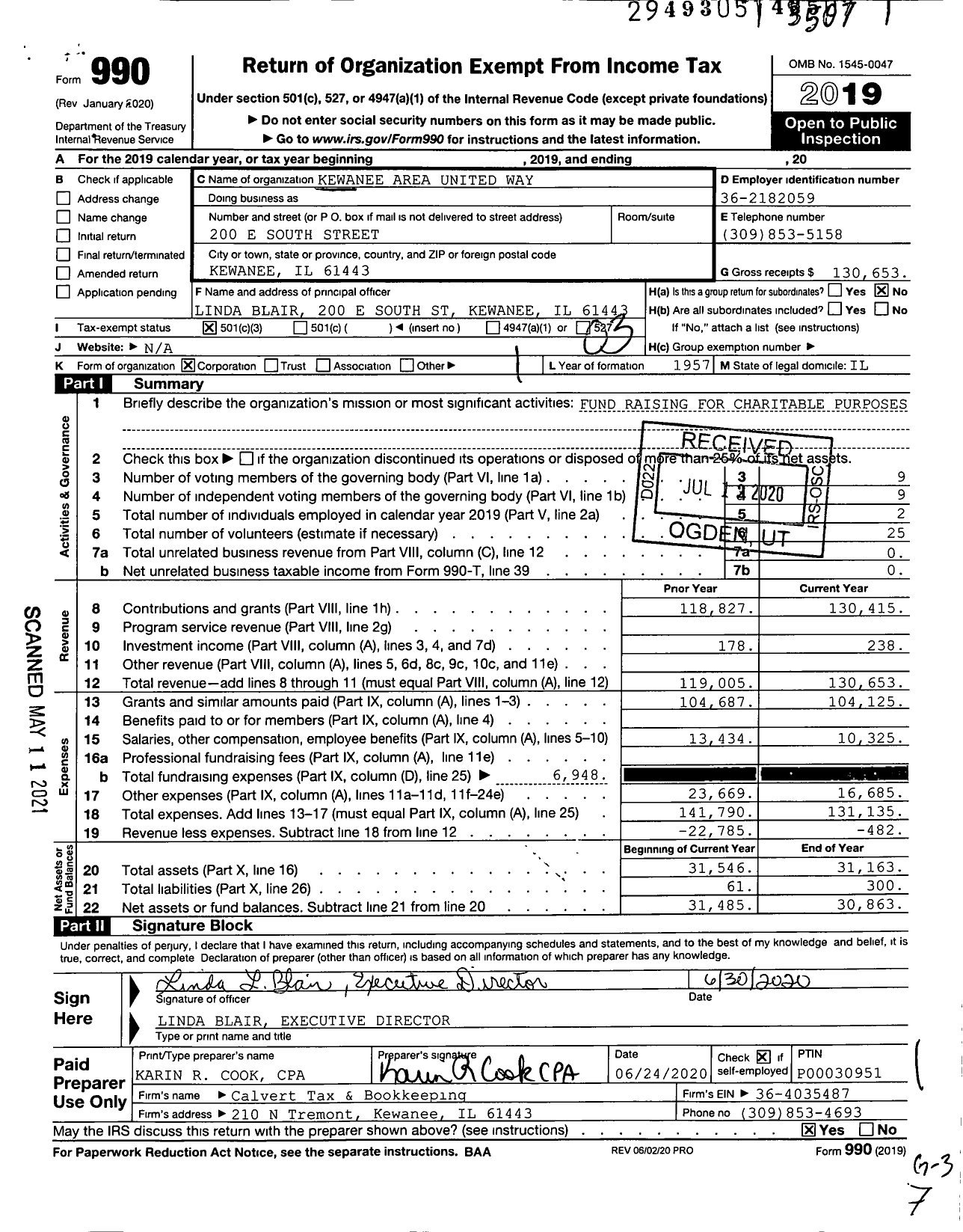 Image of first page of 2019 Form 990 for Kewanee Area United Way