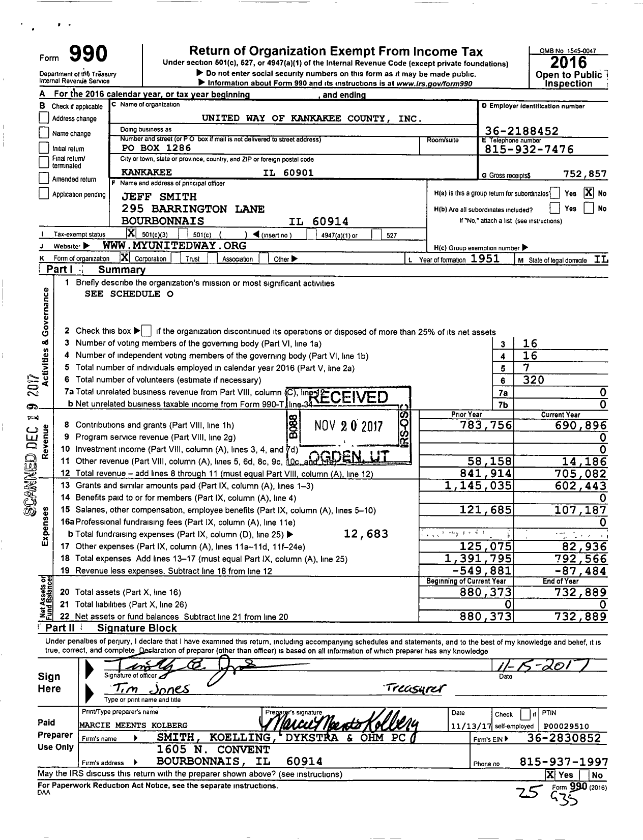Image of first page of 2016 Form 990 for United Way of Kankakee County