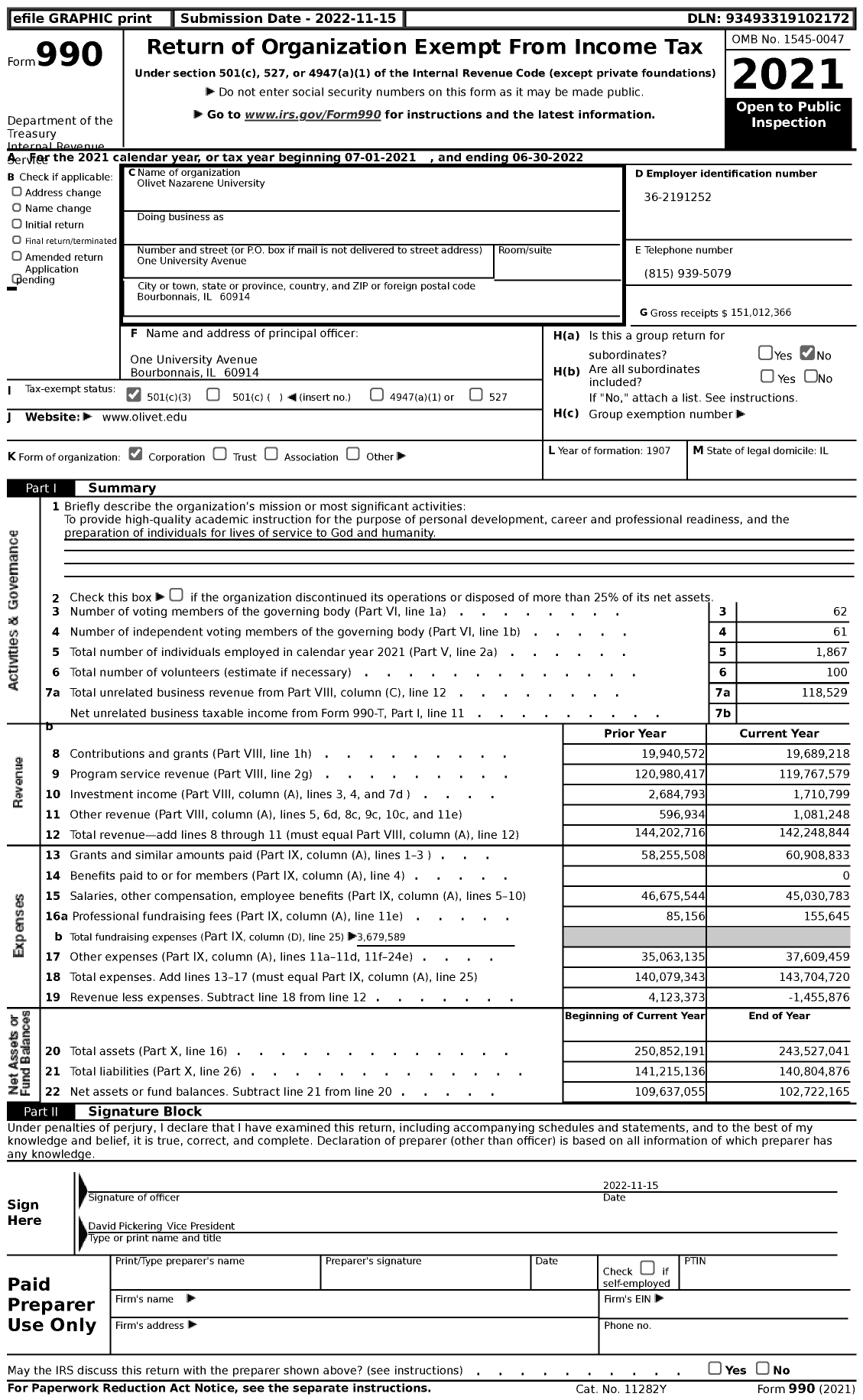 Image of first page of 2021 Form 990 for Olivet Nazarene University (ONU)