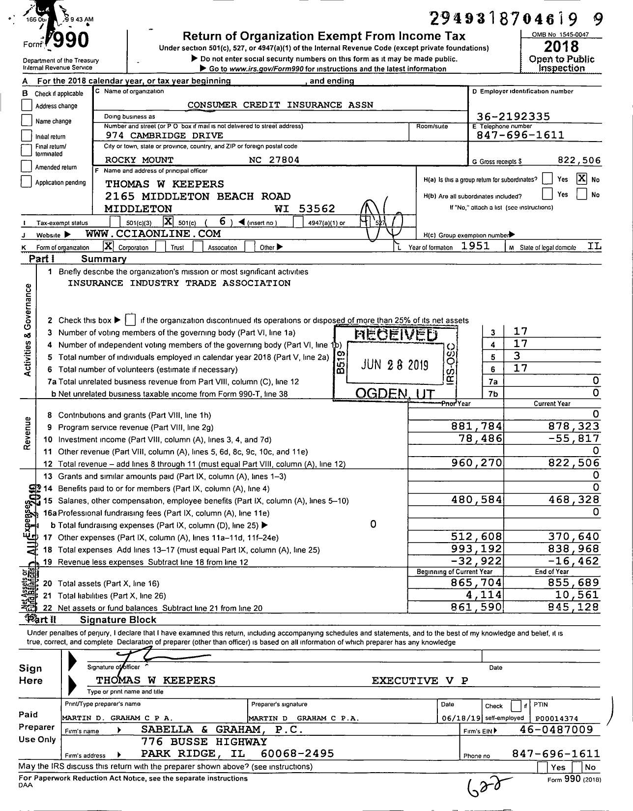 Image of first page of 2018 Form 990O for Consumer Credit Insurance Association