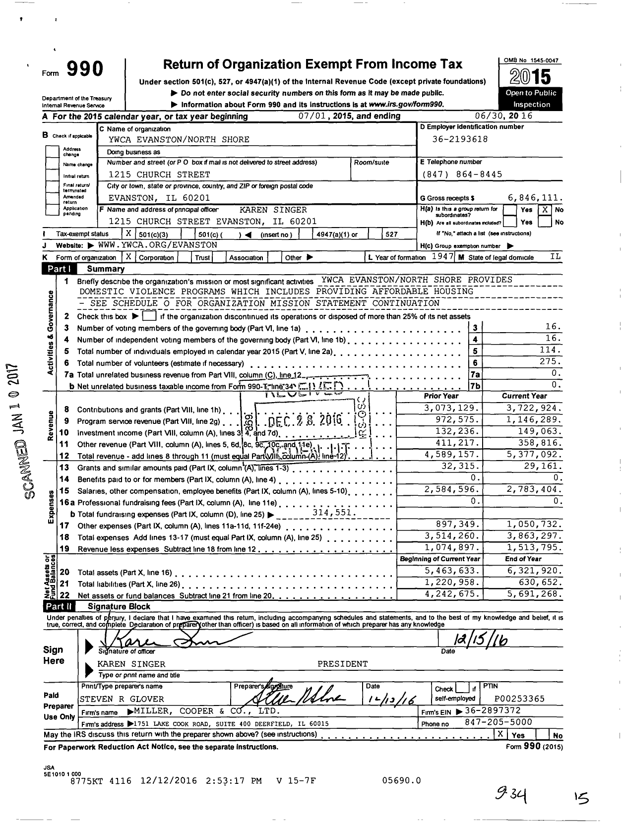 Image of first page of 2015 Form 990 for YWCA Evanston North Shore