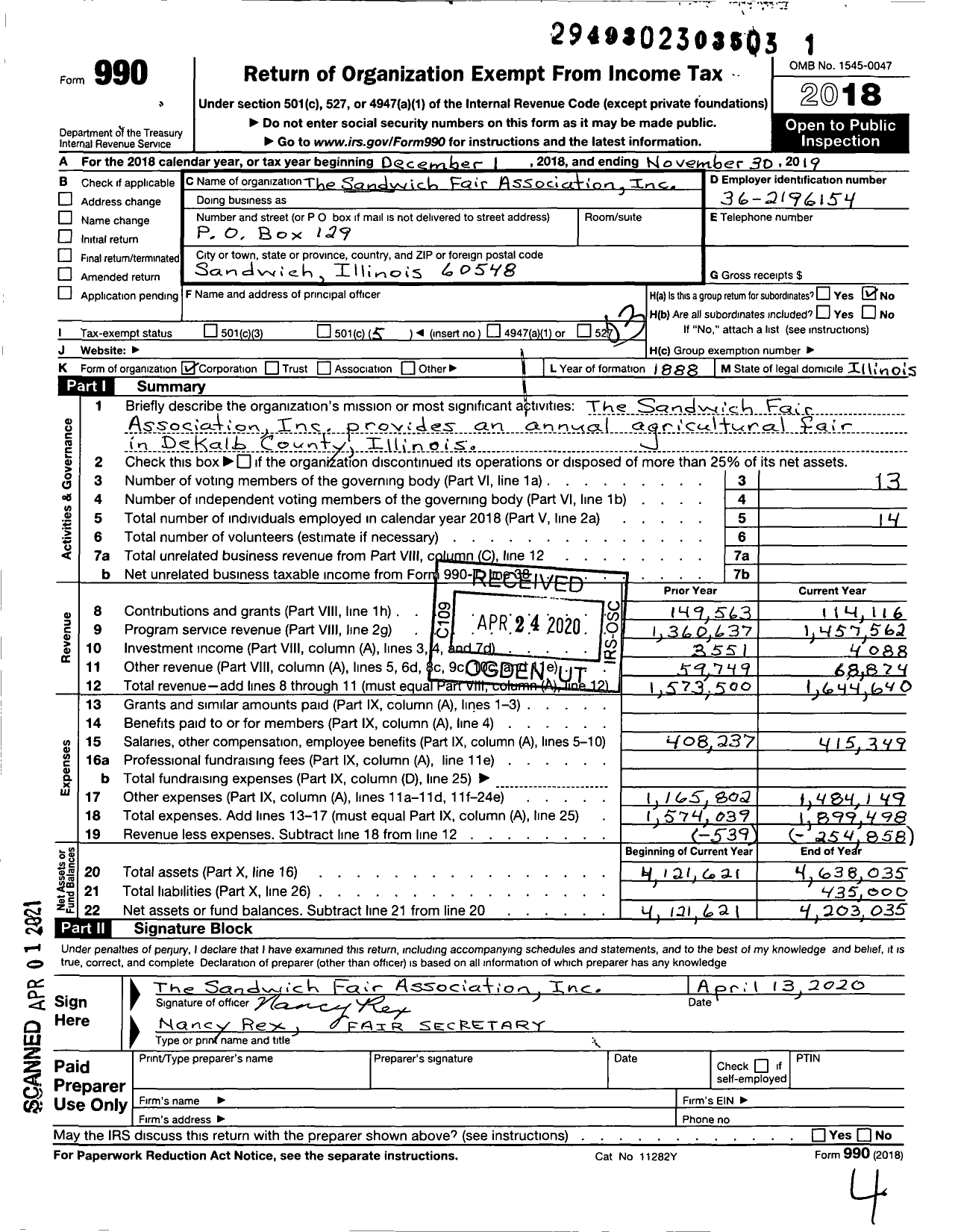 Image of first page of 2018 Form 990 for The Sandwich Fair Association