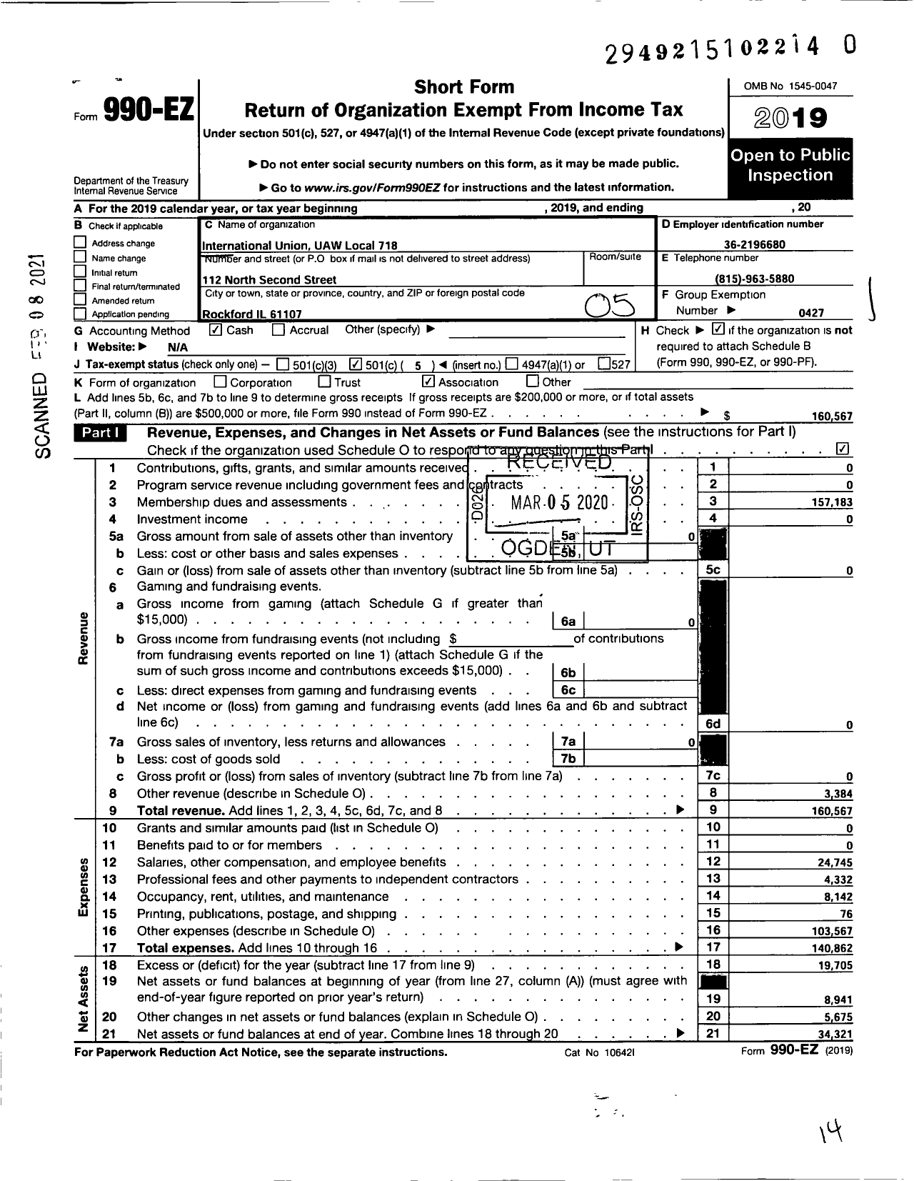 Image of first page of 2019 Form 990EO for UAW - International Union UAW Local 718