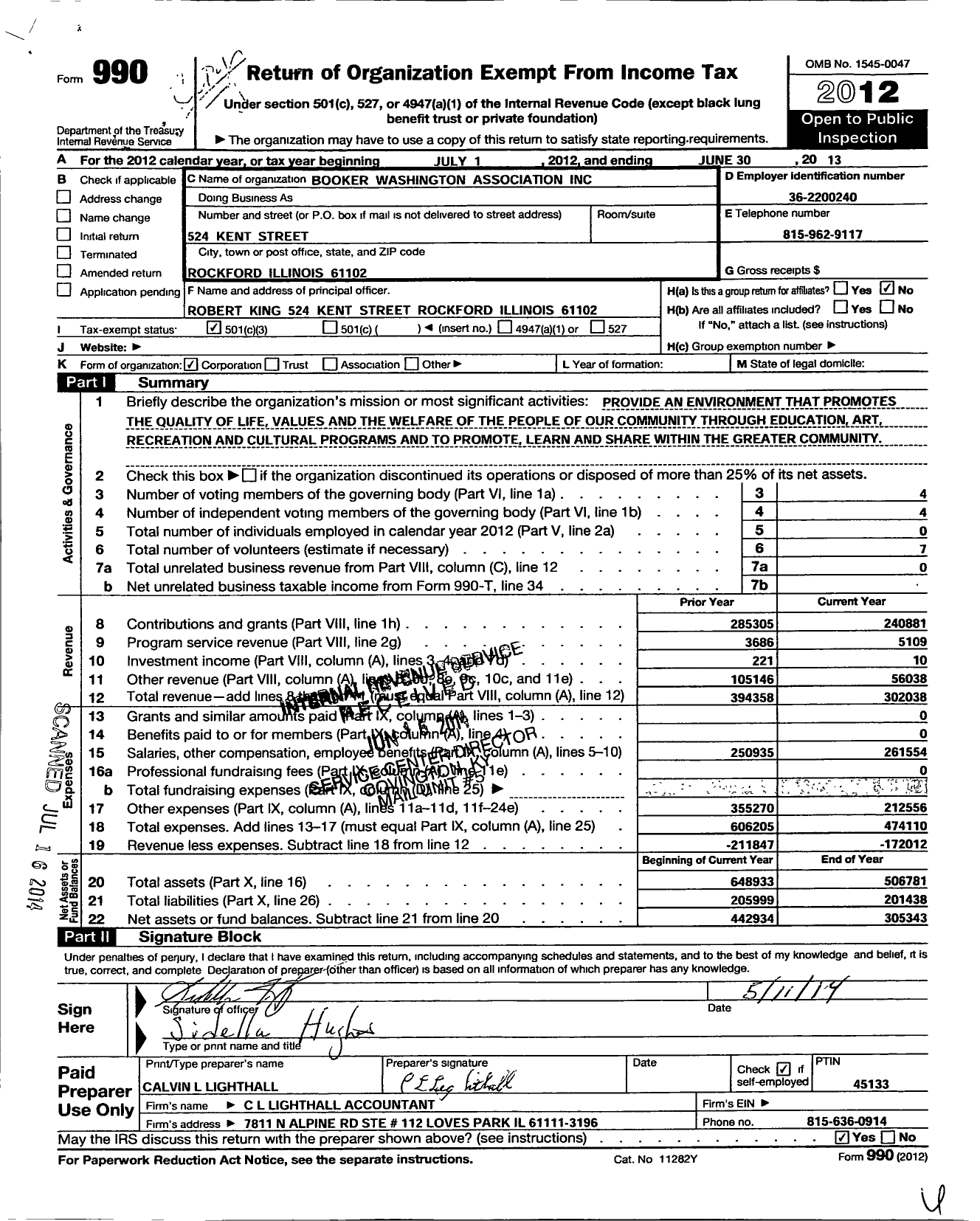 Image of first page of 2012 Form 990 for Booker Washington Association