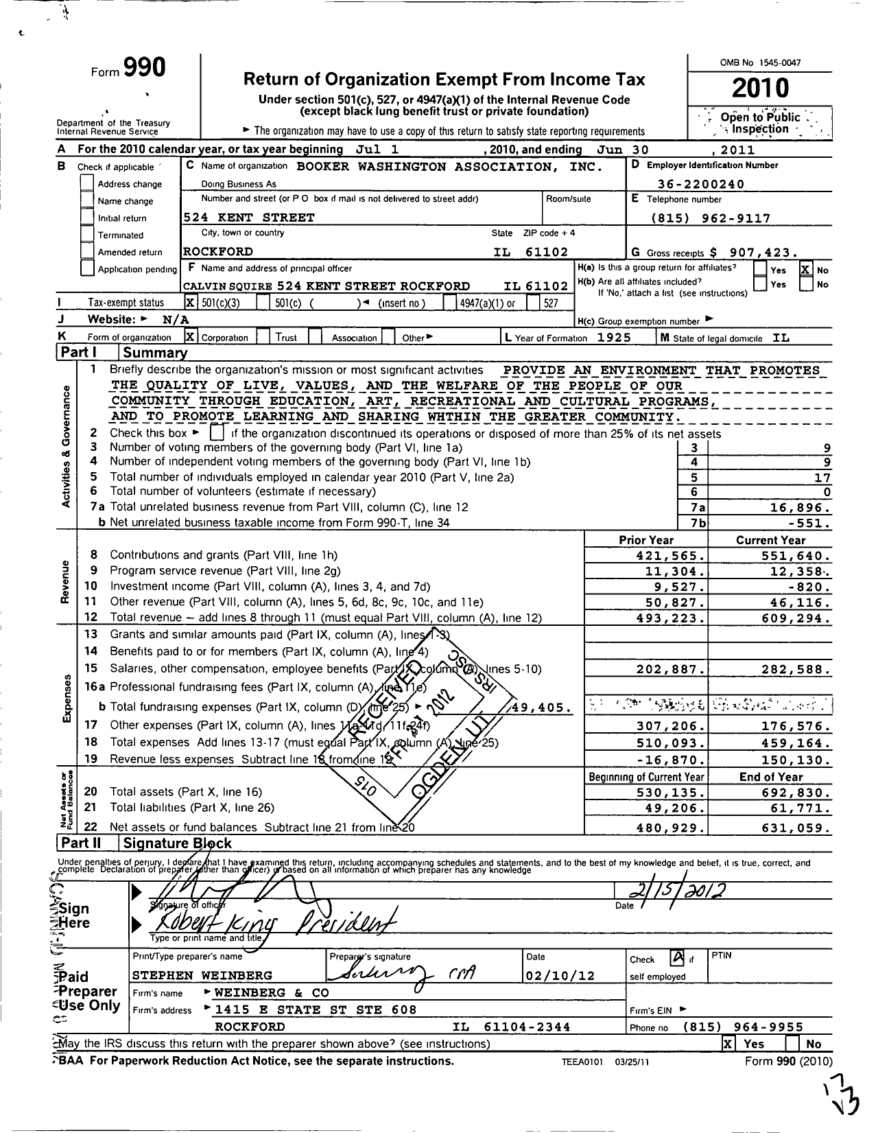 Image of first page of 2010 Form 990 for Booker Washington Association