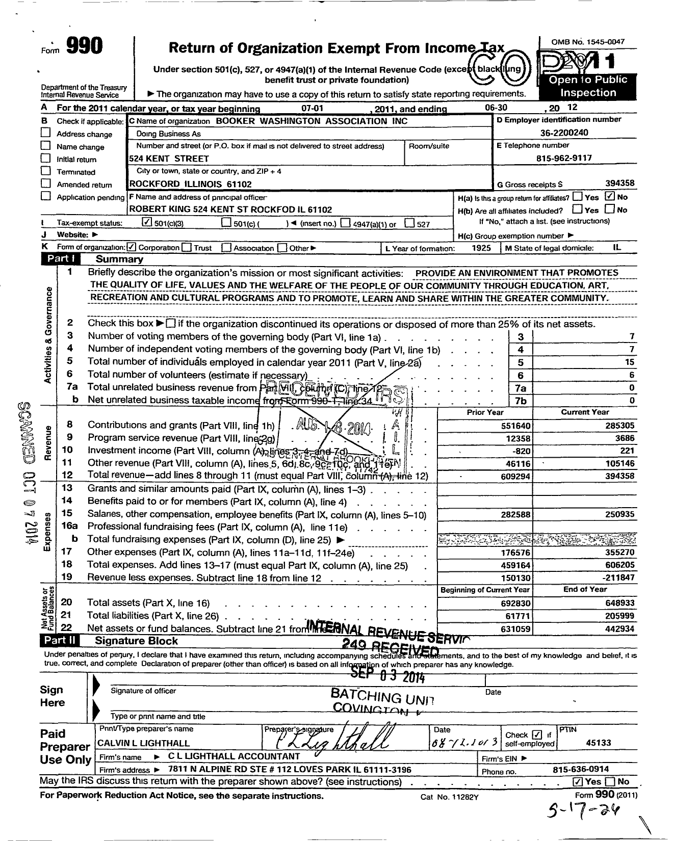 Image of first page of 2011 Form 990 for Booker Washington Association