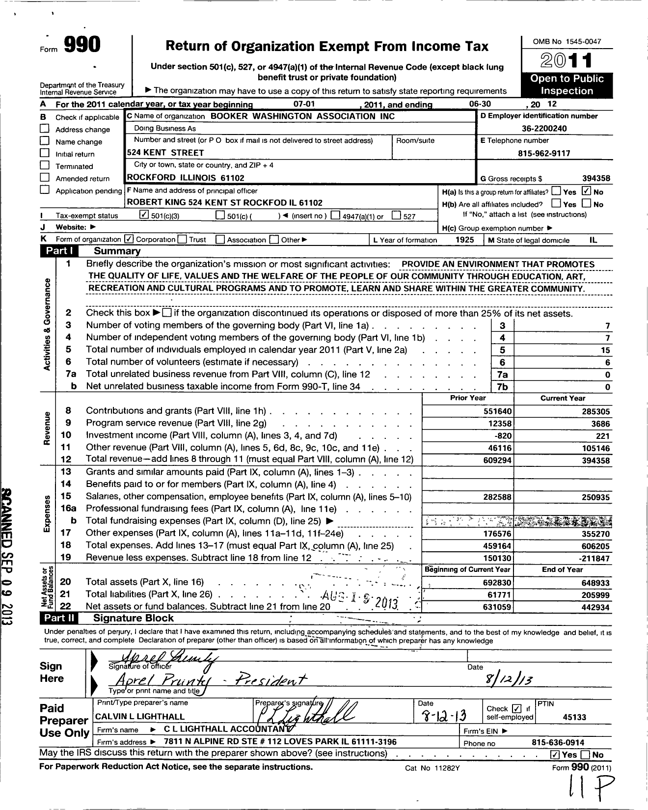 Image of first page of 2011 Form 990 for Booker Washington Association