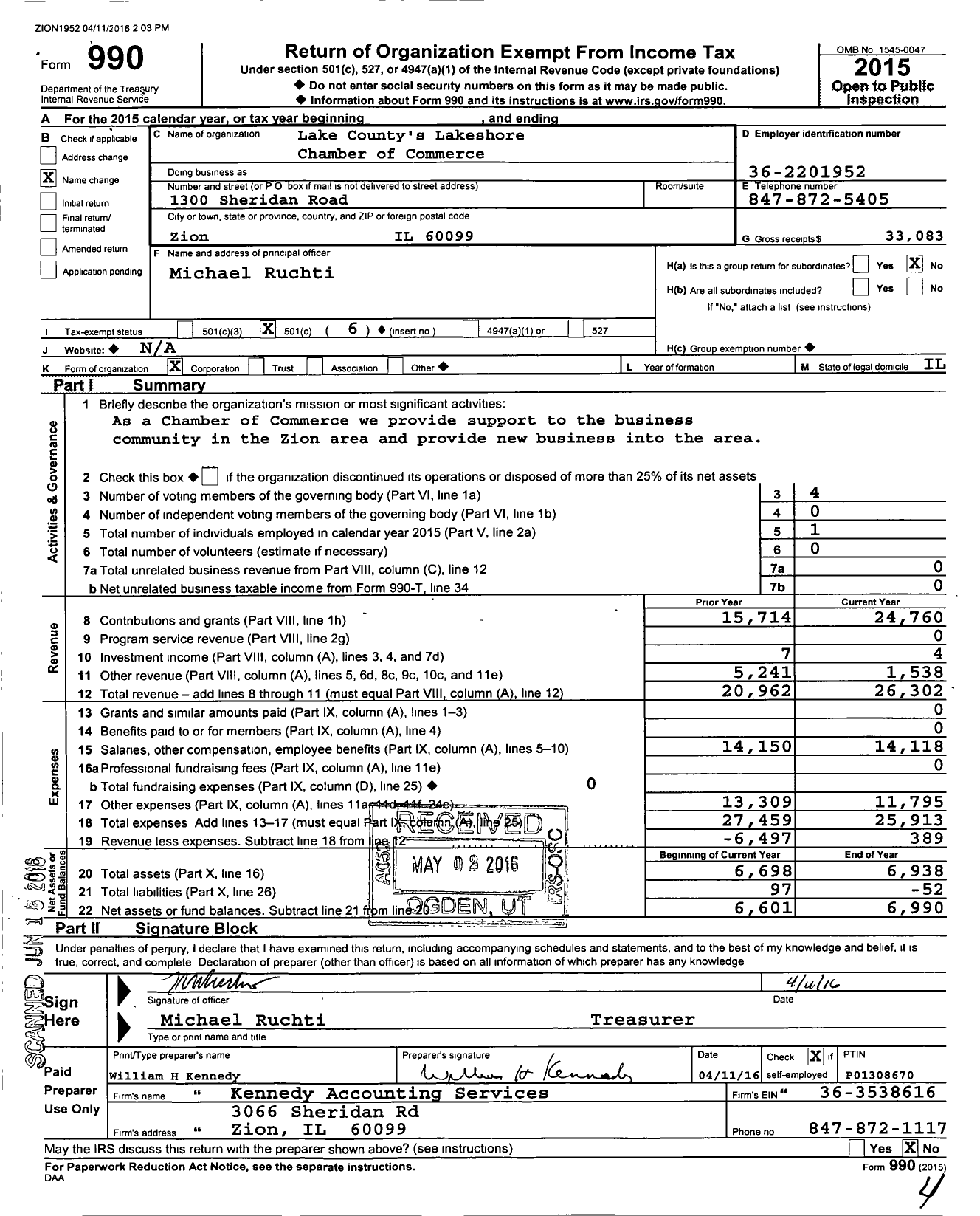 Image of first page of 2015 Form 990O for Lake Countys Lakeshore Chamber of Commerce