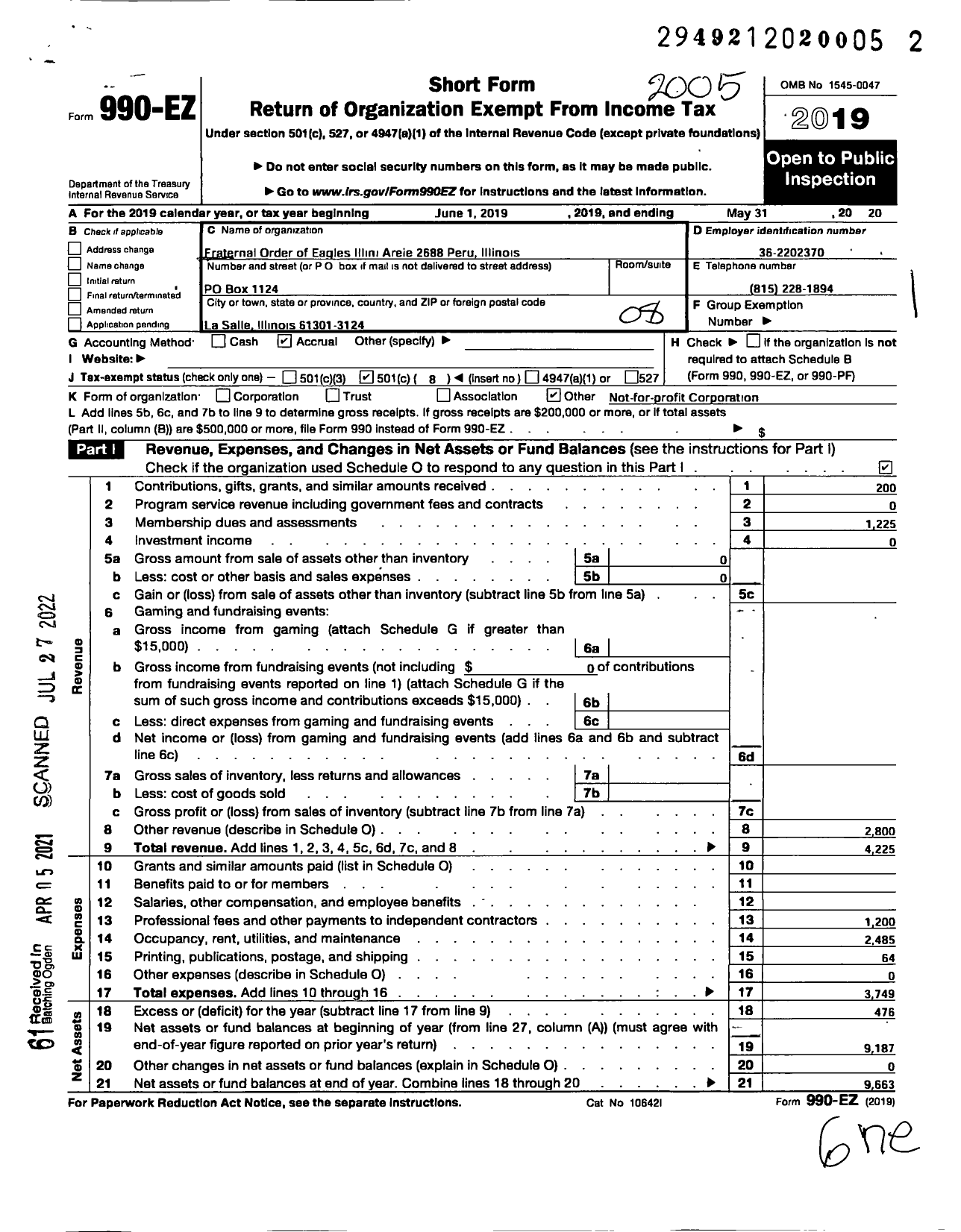 Image of first page of 2019 Form 990EO for Fraternal Order of Eagles - 2688 Aerie