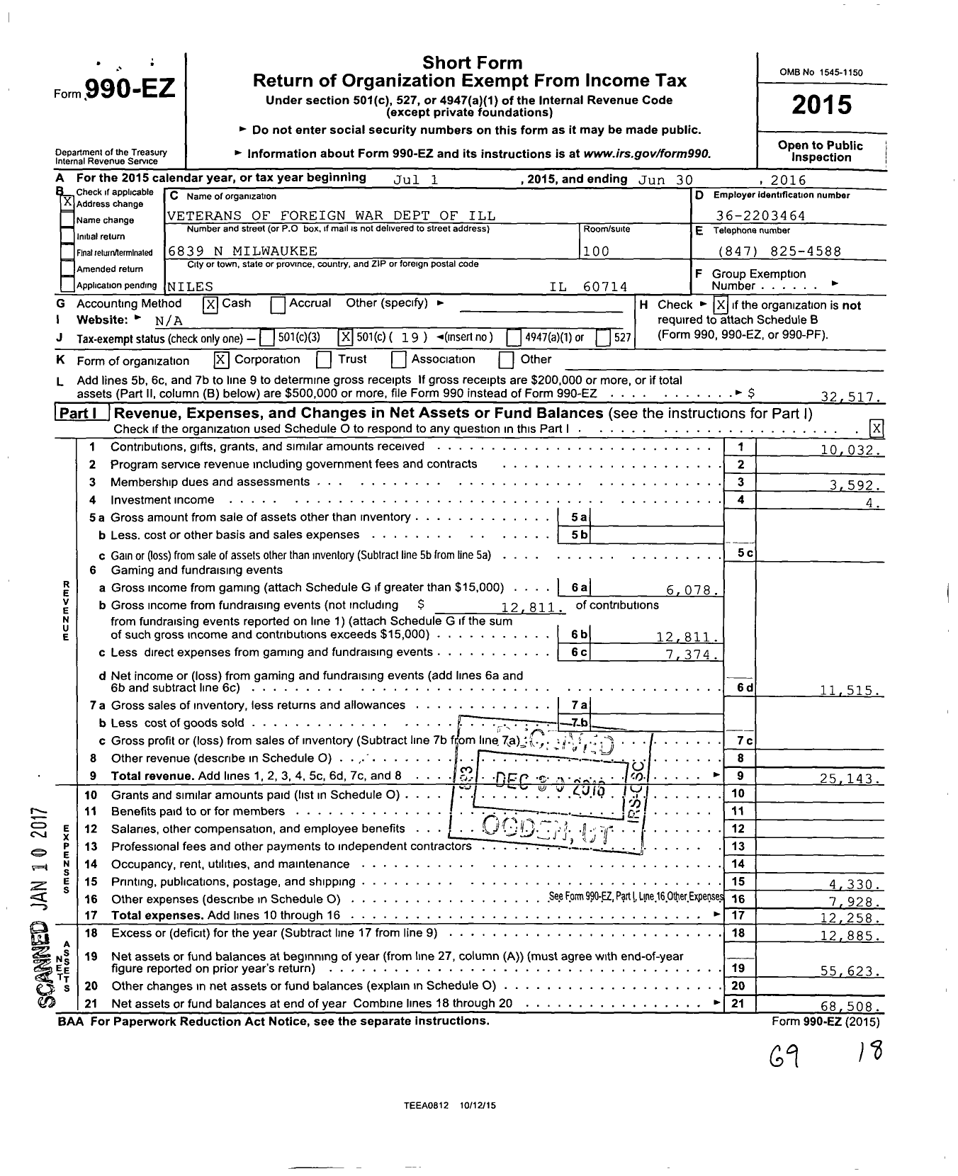 Image of first page of 2015 Form 990EO for VFW Dept of Illinois - 3579 Park Ridge Post