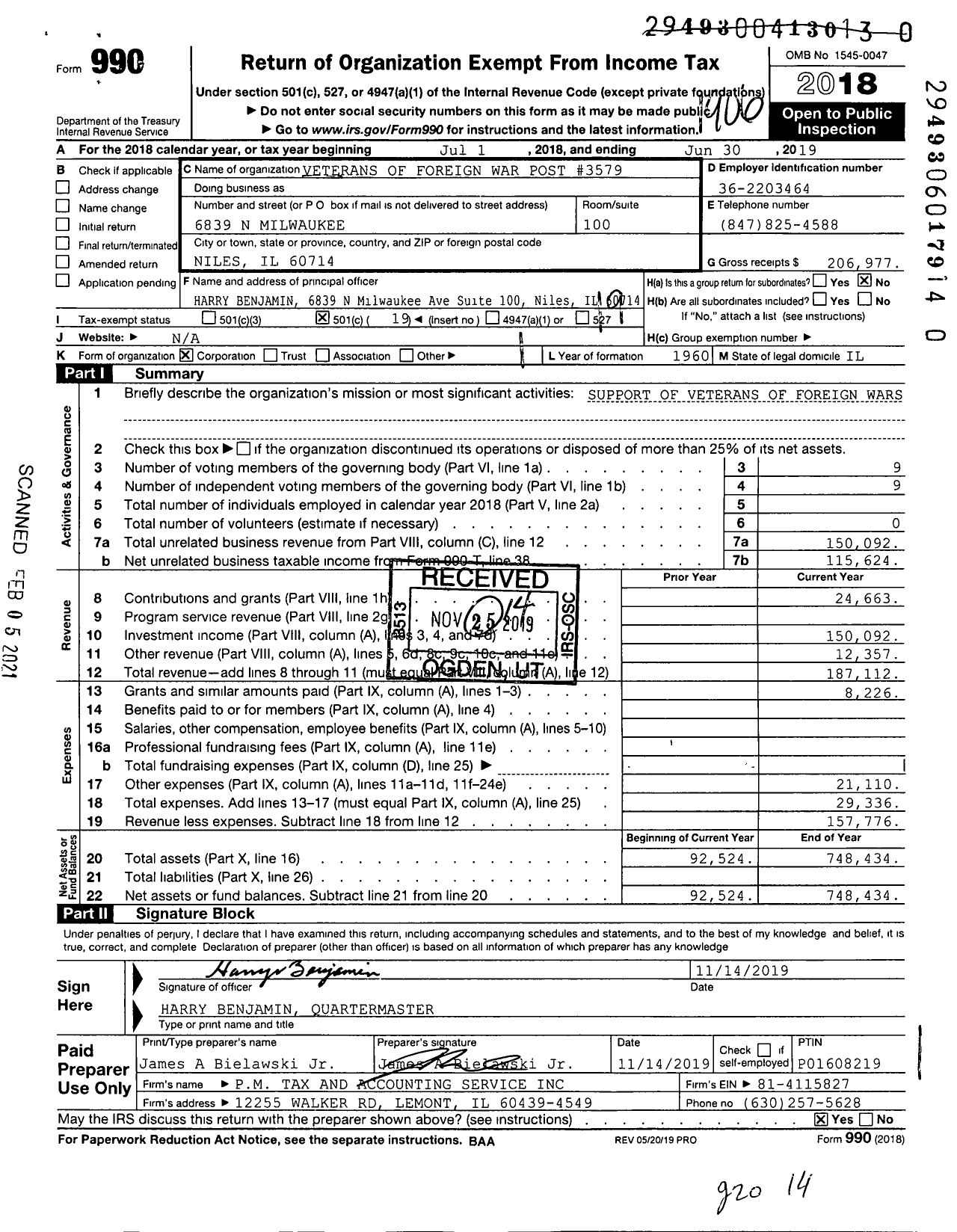 Image of first page of 2018 Form 990O for VFW Dept of Illinois - 3579 Park Ridge Post