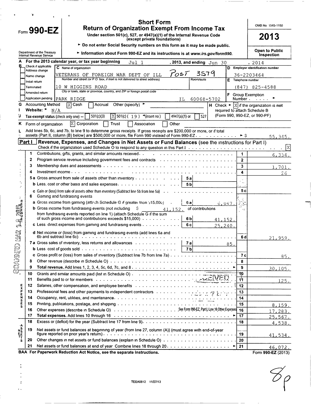 Image of first page of 2013 Form 990EO for VFW Dept of Illinois - 3579 Park Ridge Post