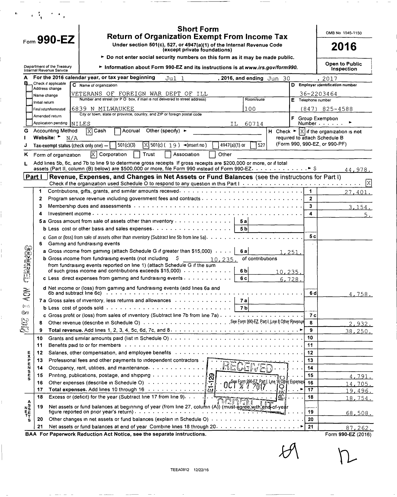 Image of first page of 2016 Form 990EO for VFW Dept of Illinois - 3579 Park Ridge Post