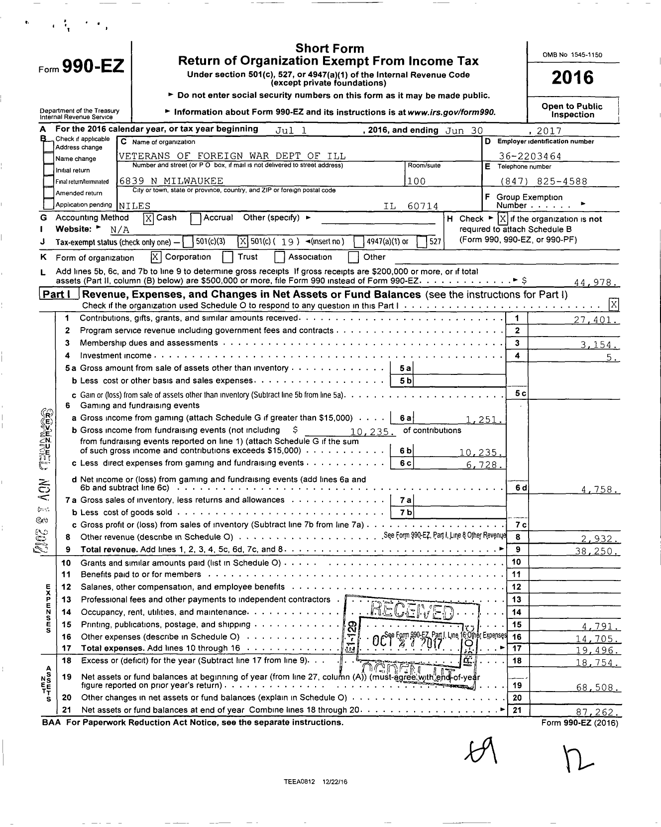 Image of first page of 2016 Form 990EO for VFW Dept of Illinois - 3579 Niles Memorial Post