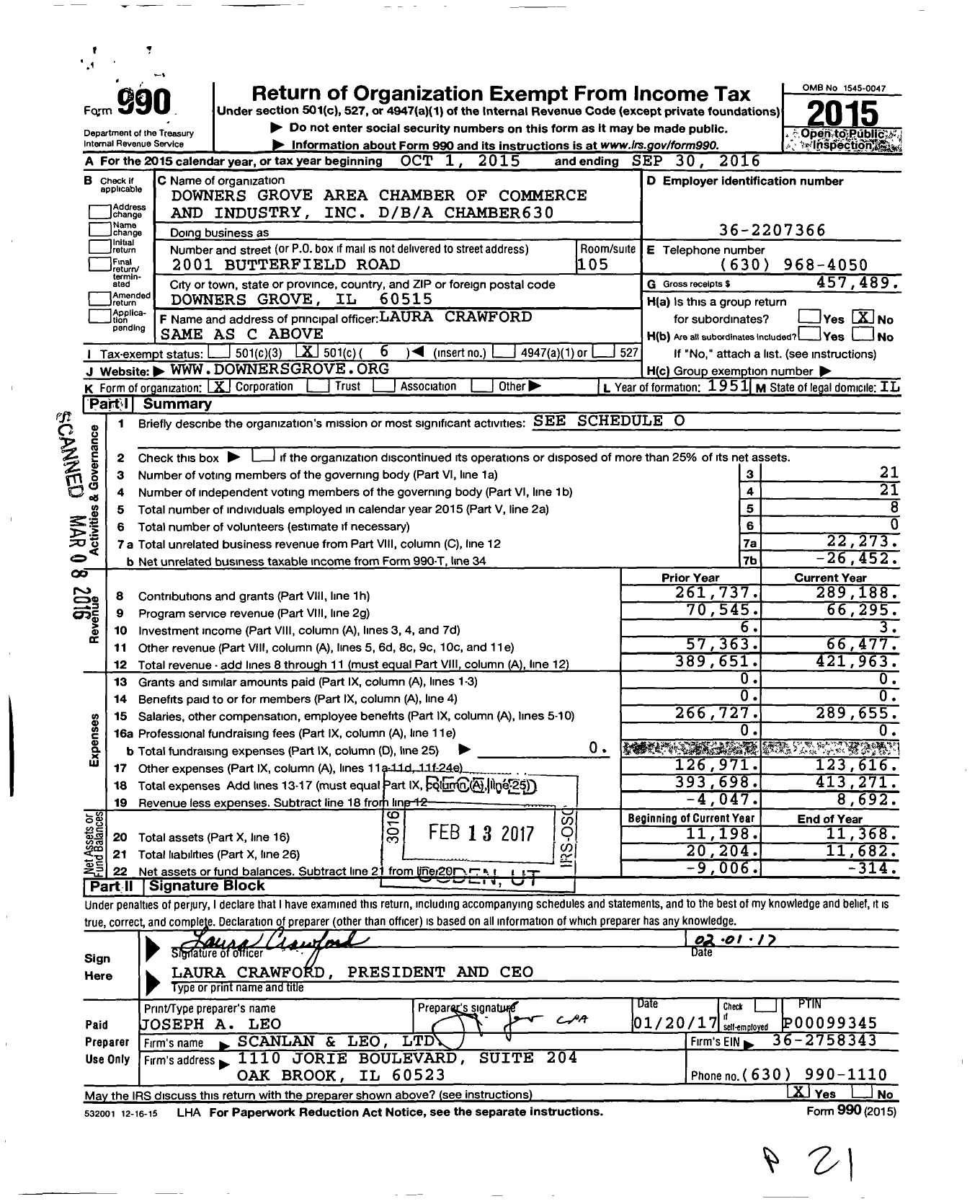 Image of first page of 2015 Form 990O for Chamber630
