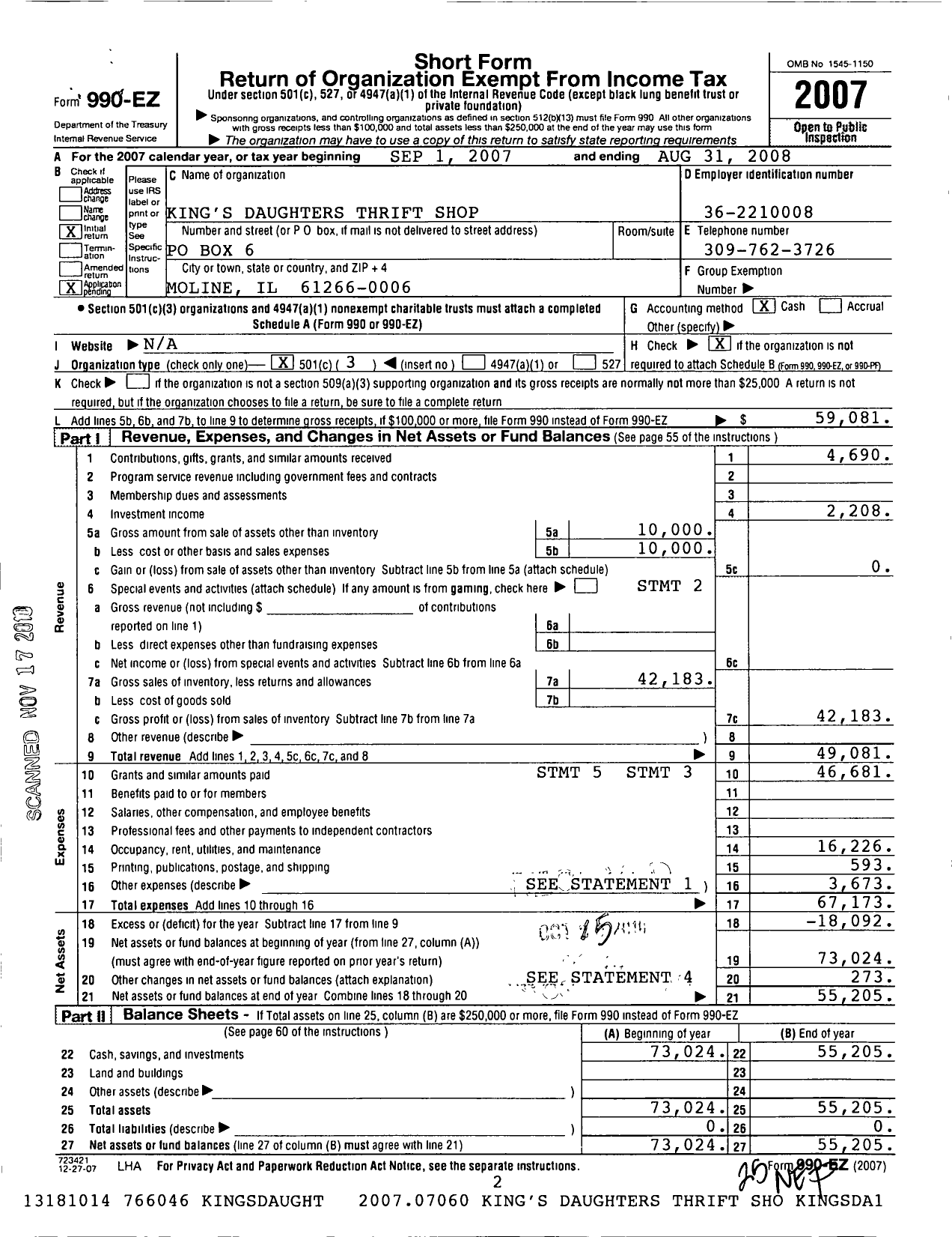 Image of first page of 2007 Form 990EZ for Moline City Union of International Order of Kings Daughters and Sons King's Daughters Thrift Shop