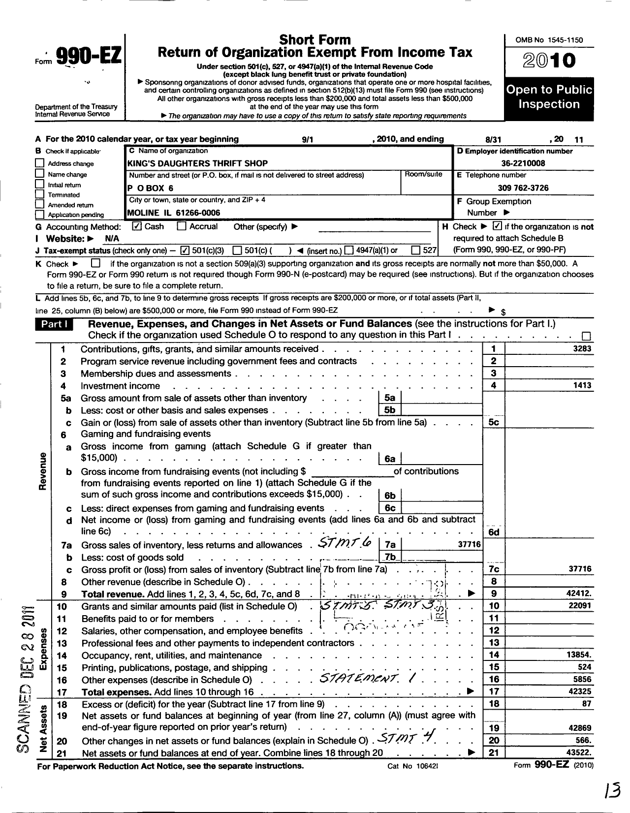 Image of first page of 2010 Form 990EZ for Moline City Union of International Order of Kings Daughters and Sons King's Daughters Thrift Shop