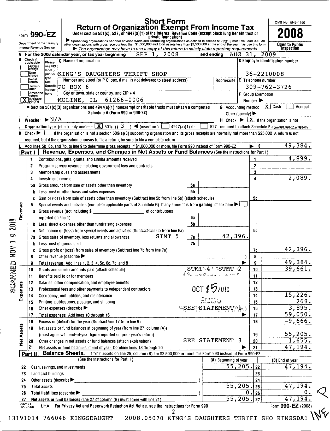 Image of first page of 2008 Form 990EZ for Moline City Union of International Order of Kings Daughters and Sons King's Daughters Thrift Shop