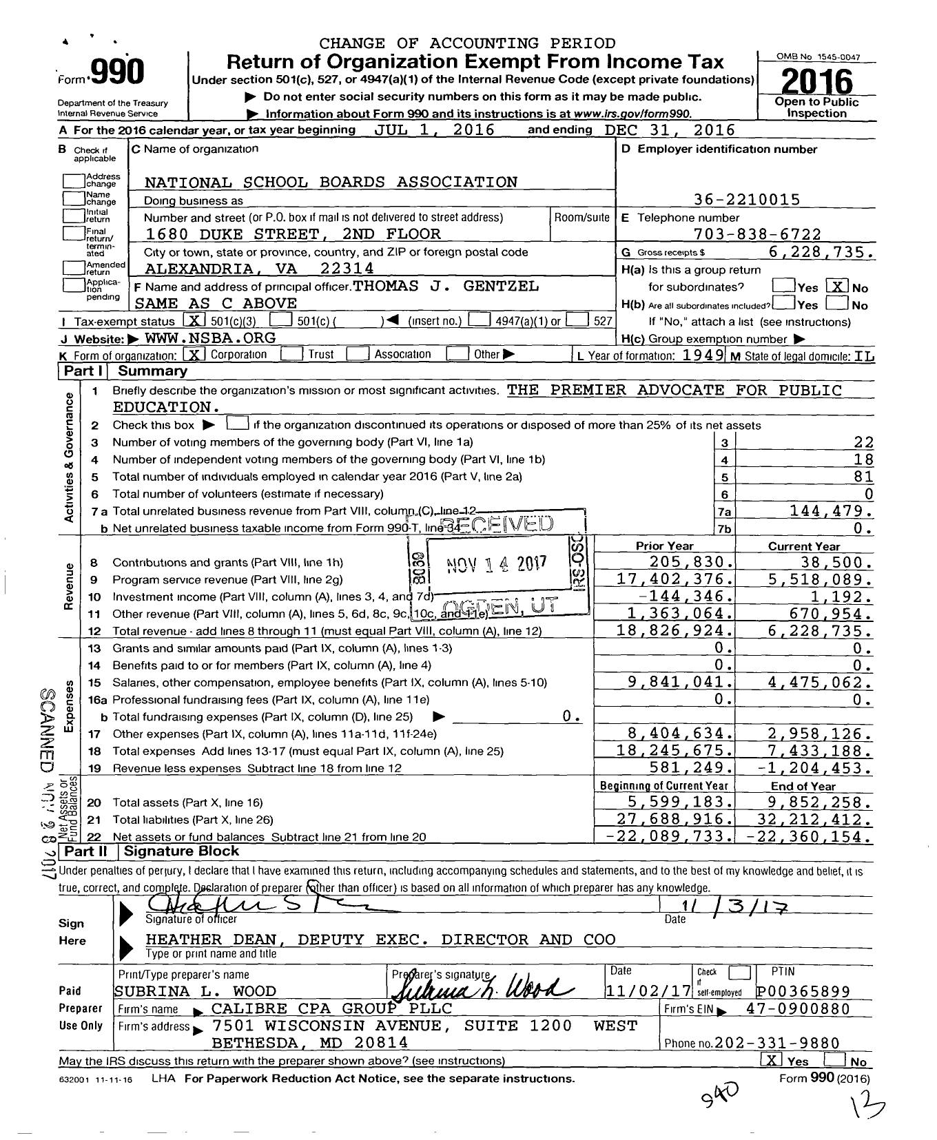 Image of first page of 2016 Form 990 for National School Boards Association (NSBA)