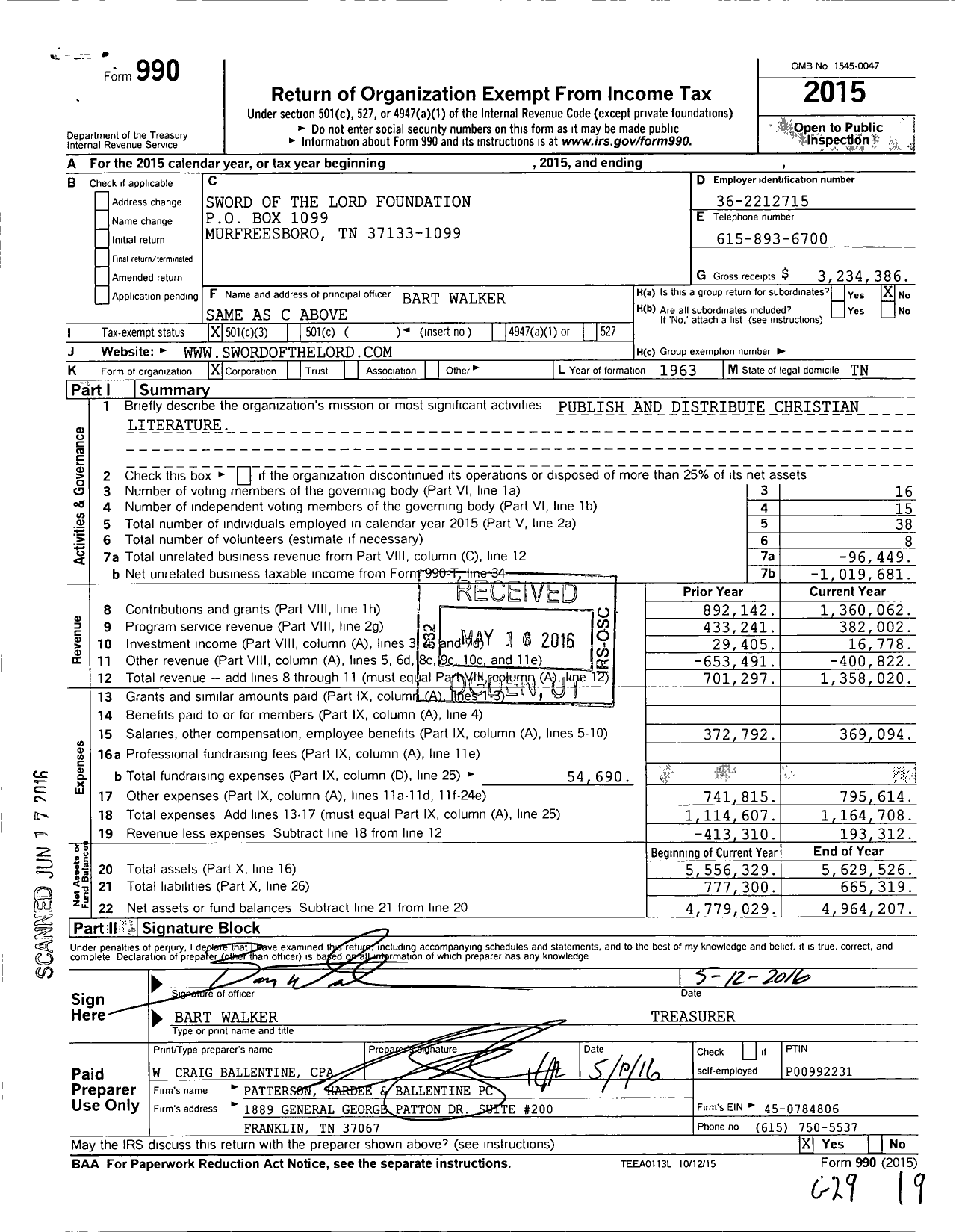 Image of first page of 2015 Form 990 for Sword of the Lord Foundation