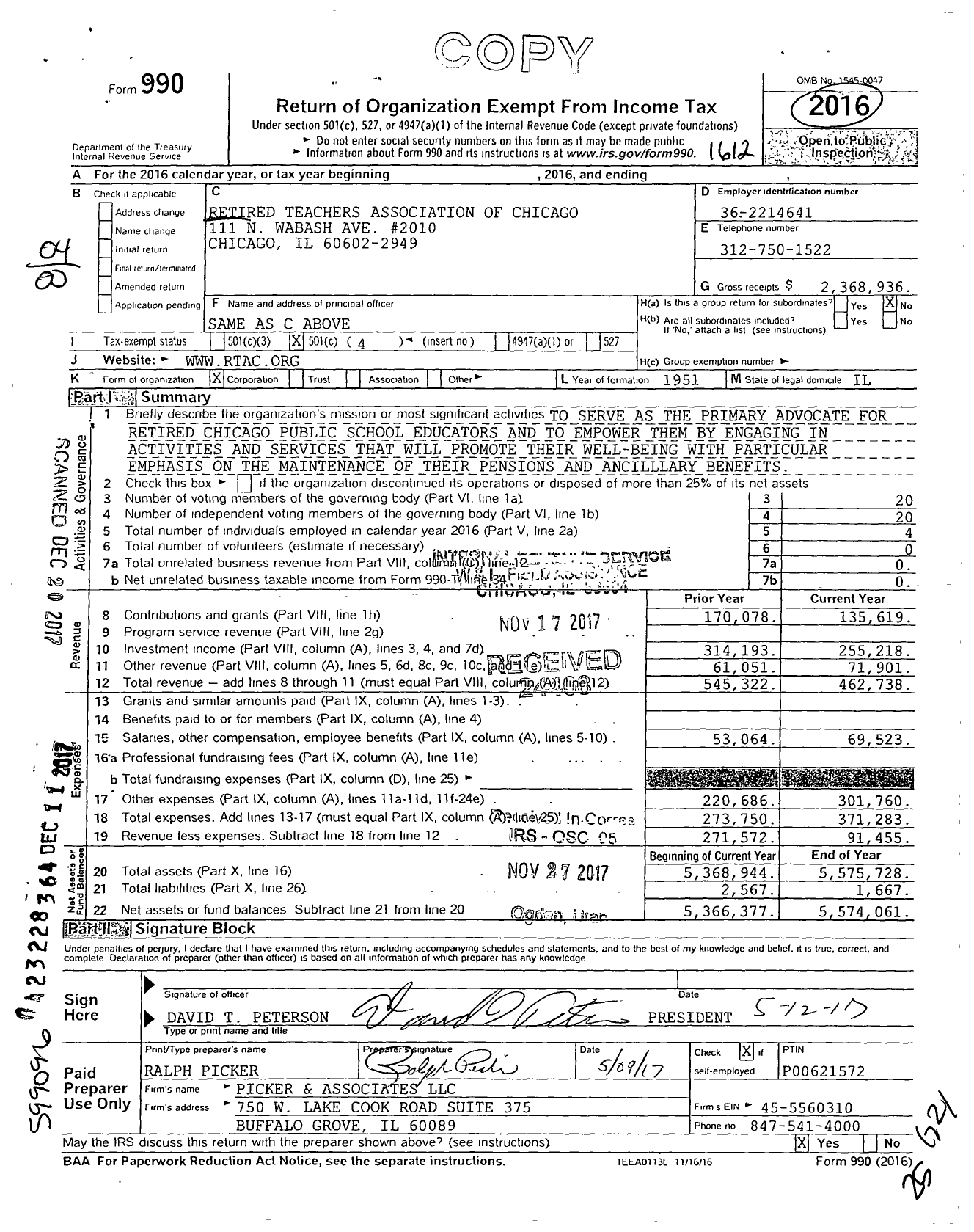 Image of first page of 2016 Form 990O for Retired Teachers Association of Chicago