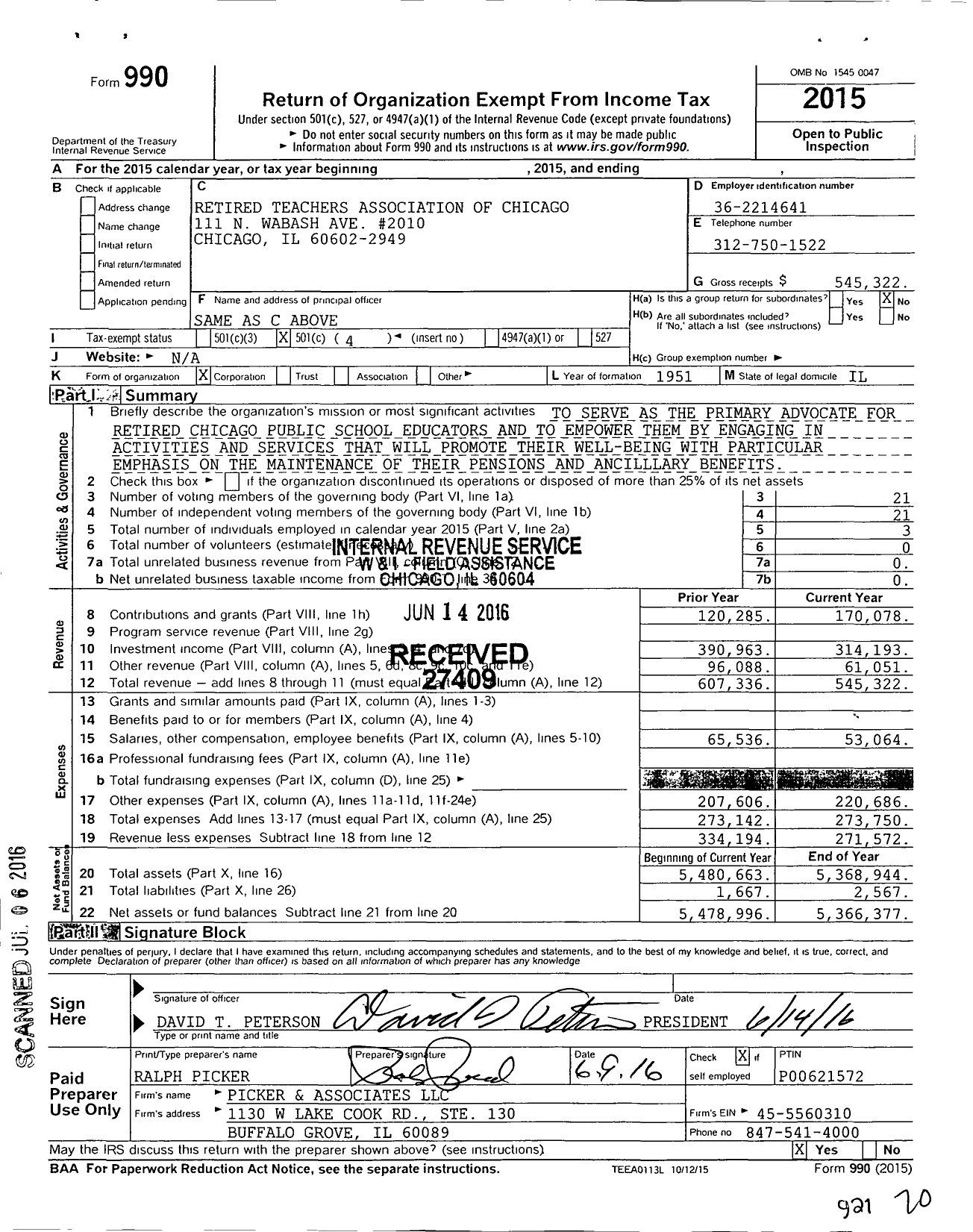Image of first page of 2015 Form 990O for Retired Teachers Association of Chicago