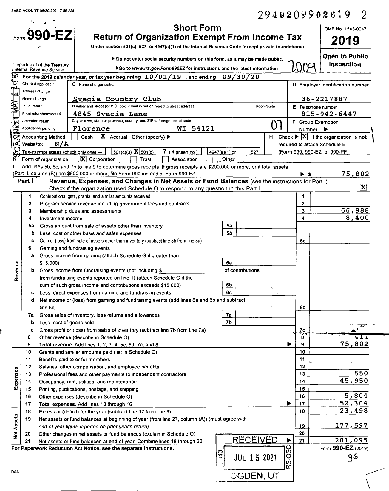 Image of first page of 2019 Form 990EO for Svecia Country Club