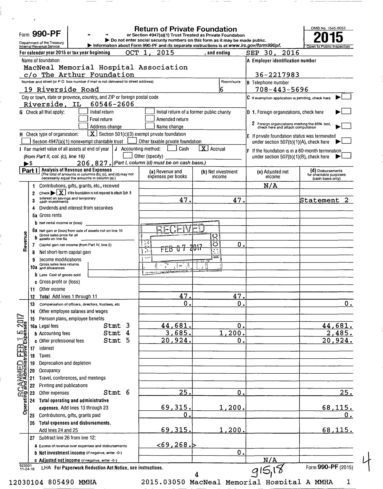 Image of first page of 2015 Form 990PF for MacNeal Memorial Hospital Association