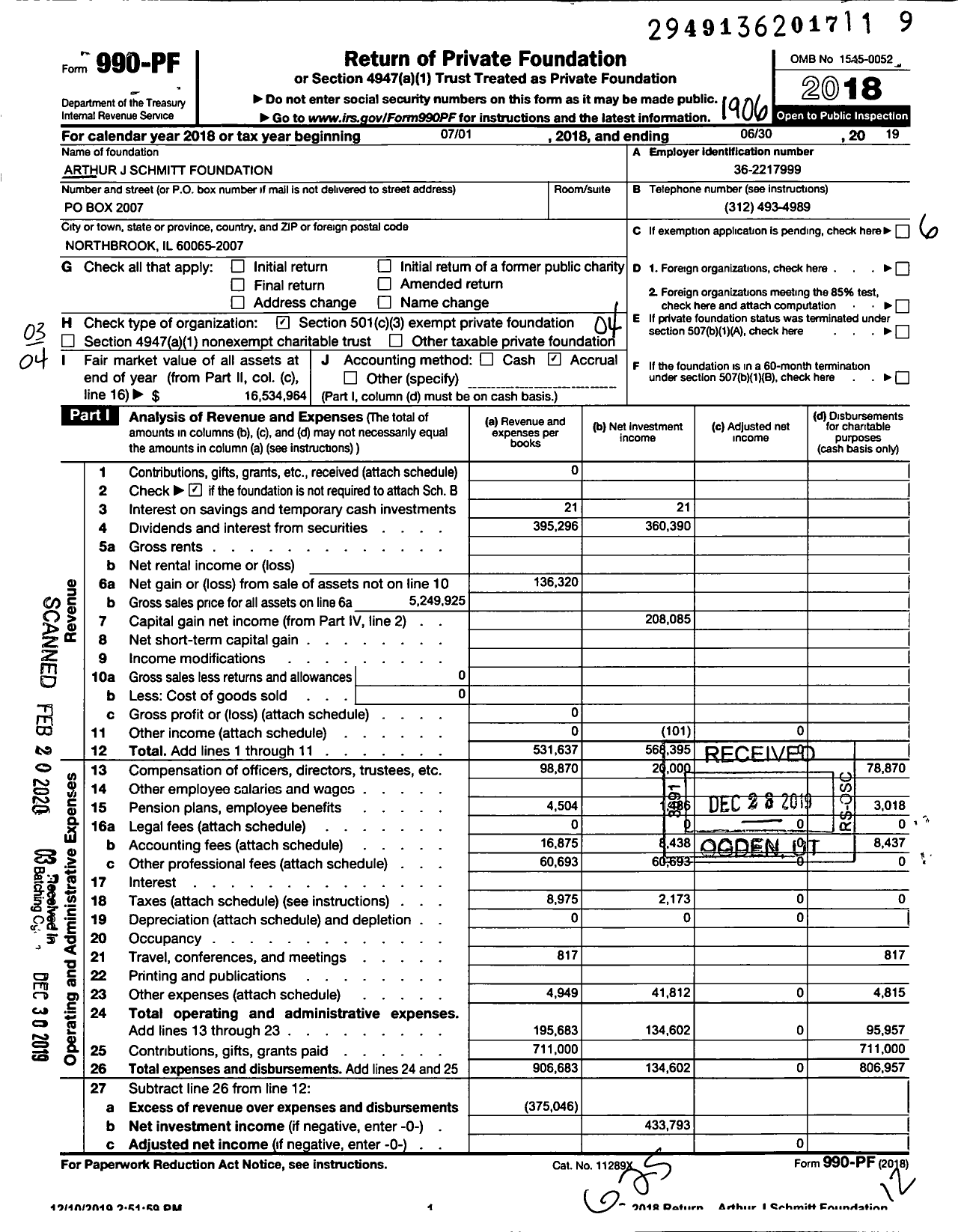 Image of first page of 2018 Form 990PR for Arthur J. Schmitt Foundation