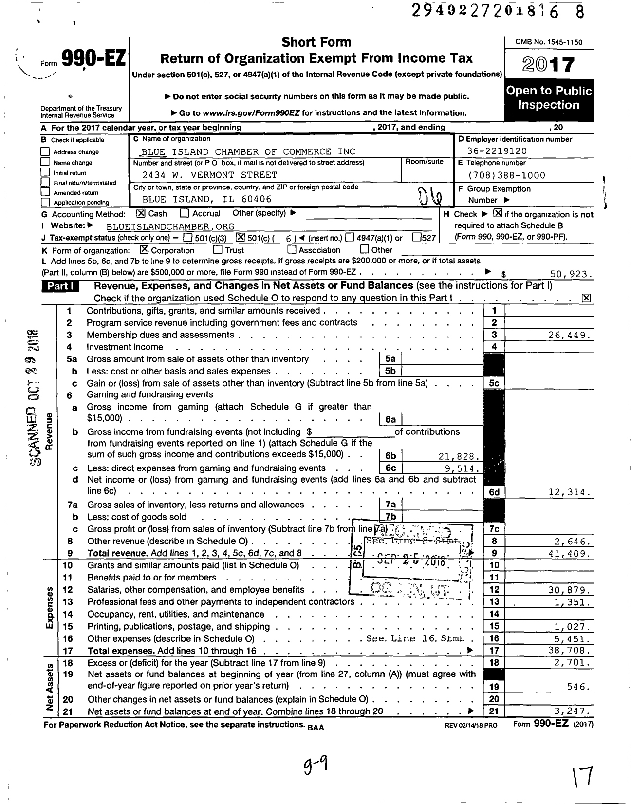 Image of first page of 2017 Form 990EO for Blue Island Chamber of Commerce