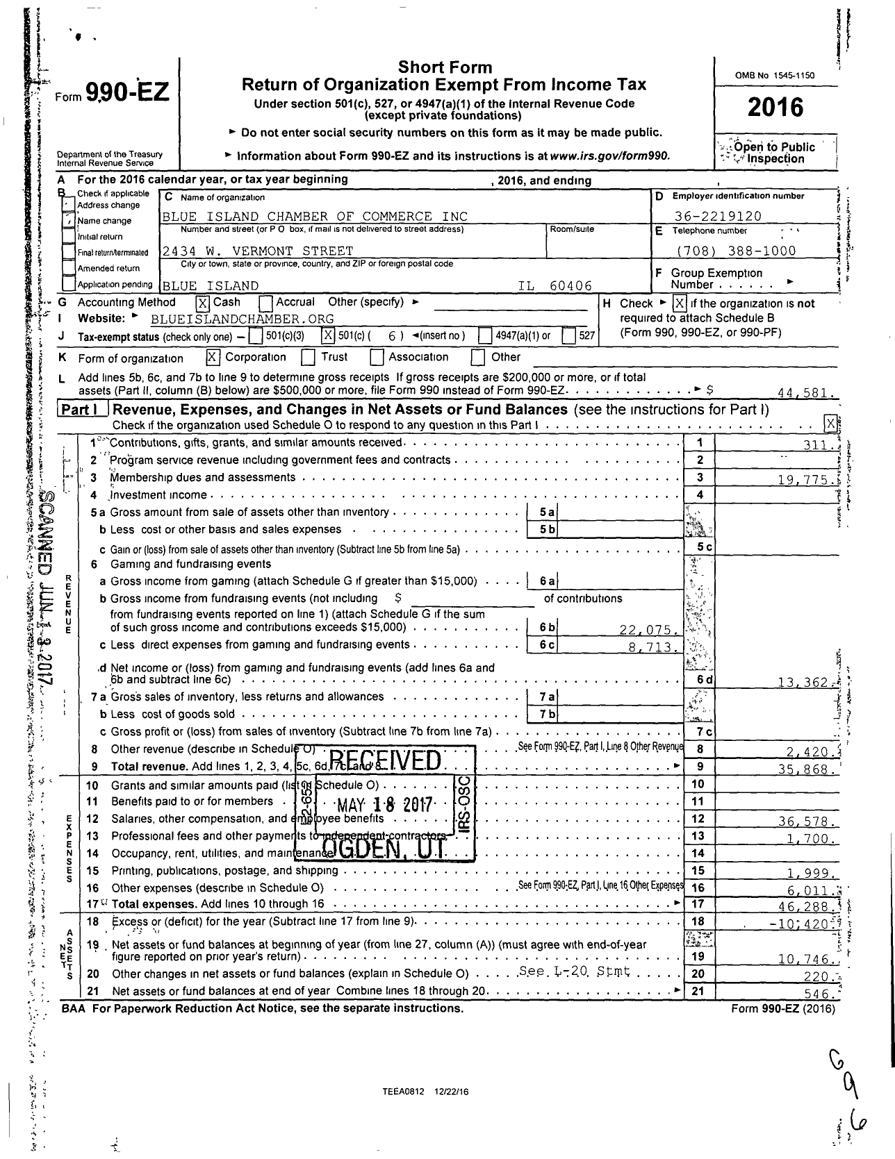 Image of first page of 2016 Form 990EO for Blue Island Chamber of Commerce