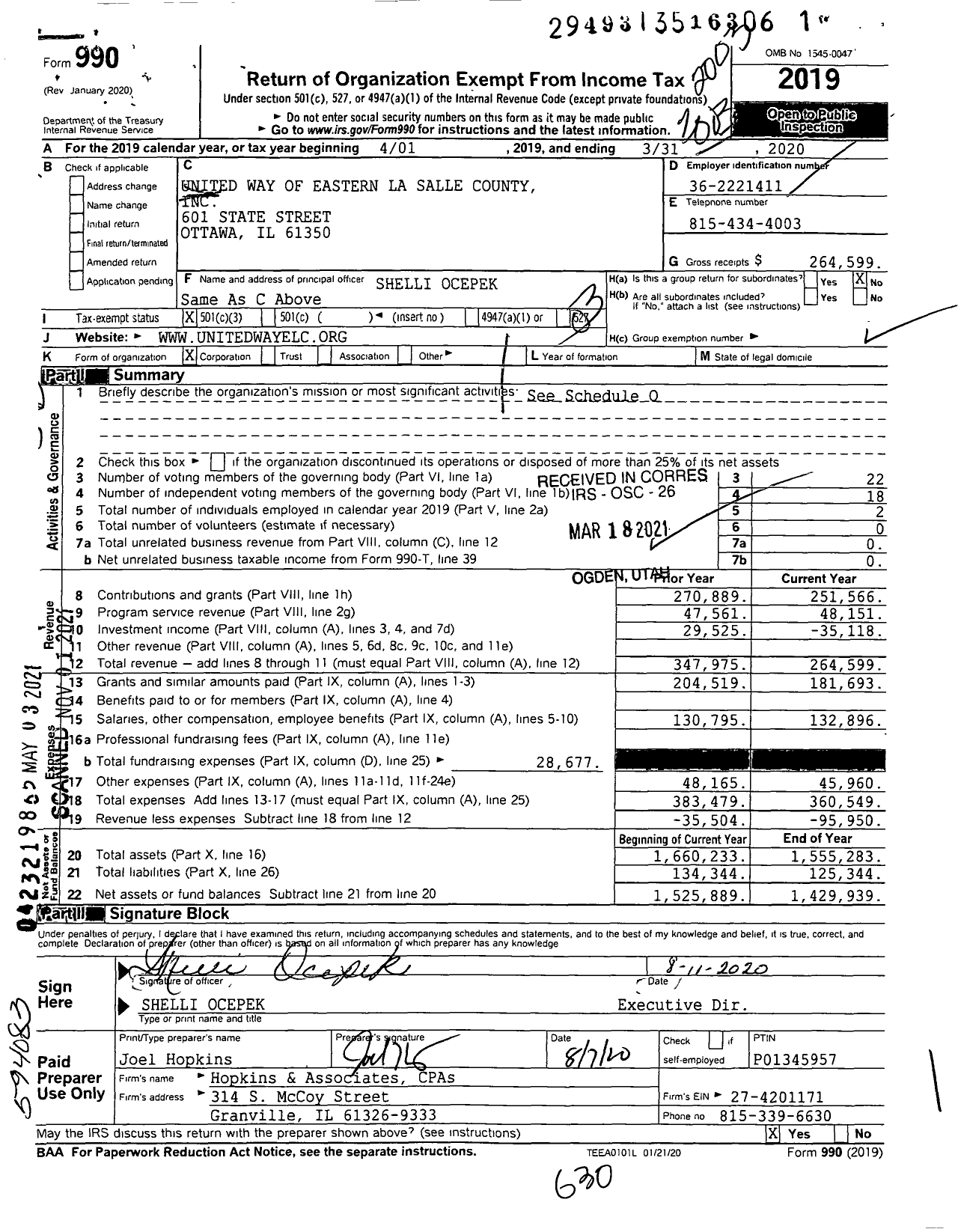 Image of first page of 2019 Form 990 for United Way of Eastern La Salle County